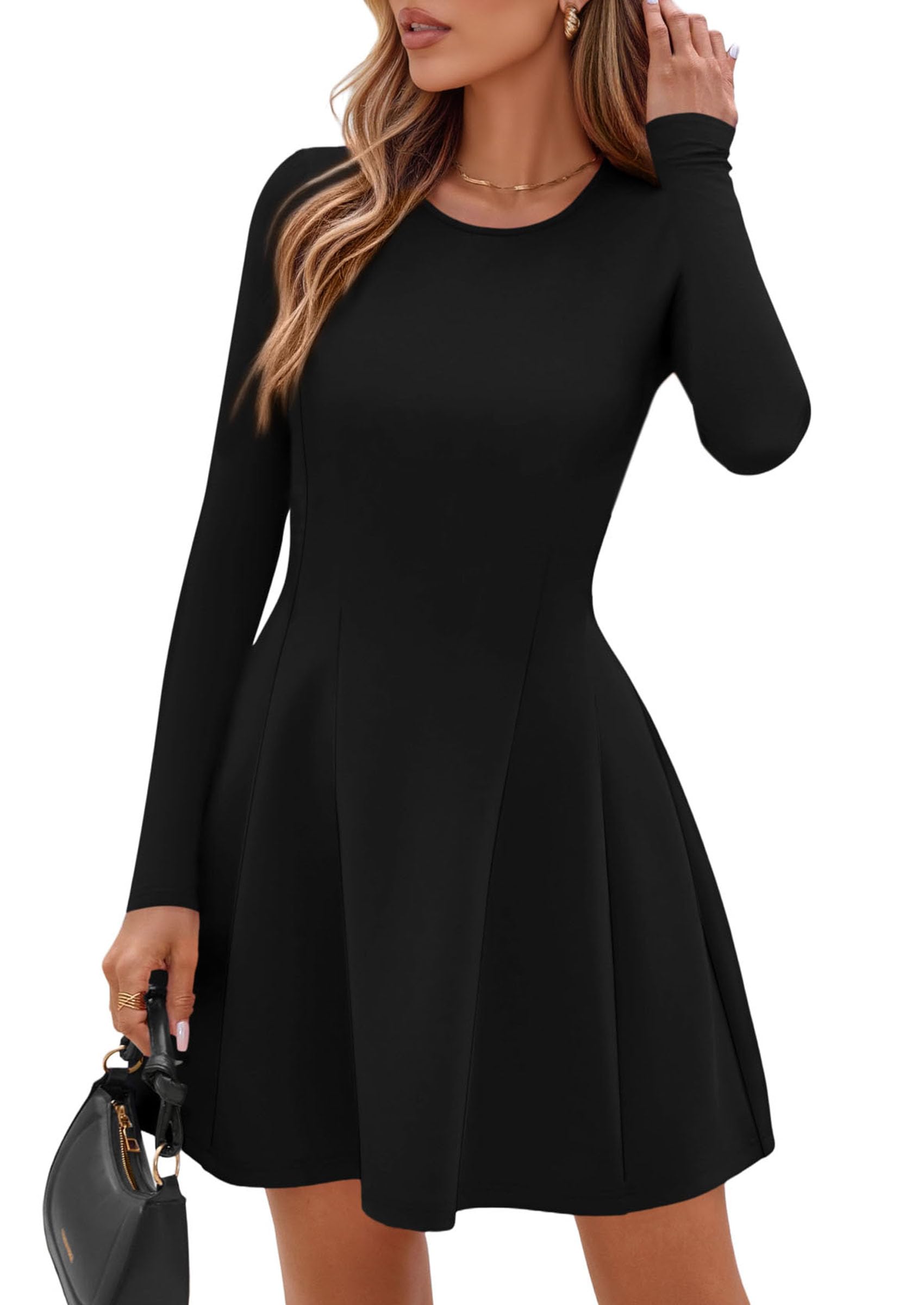 Womens Long Sleeve Pleated Mini Dress,Black,XS