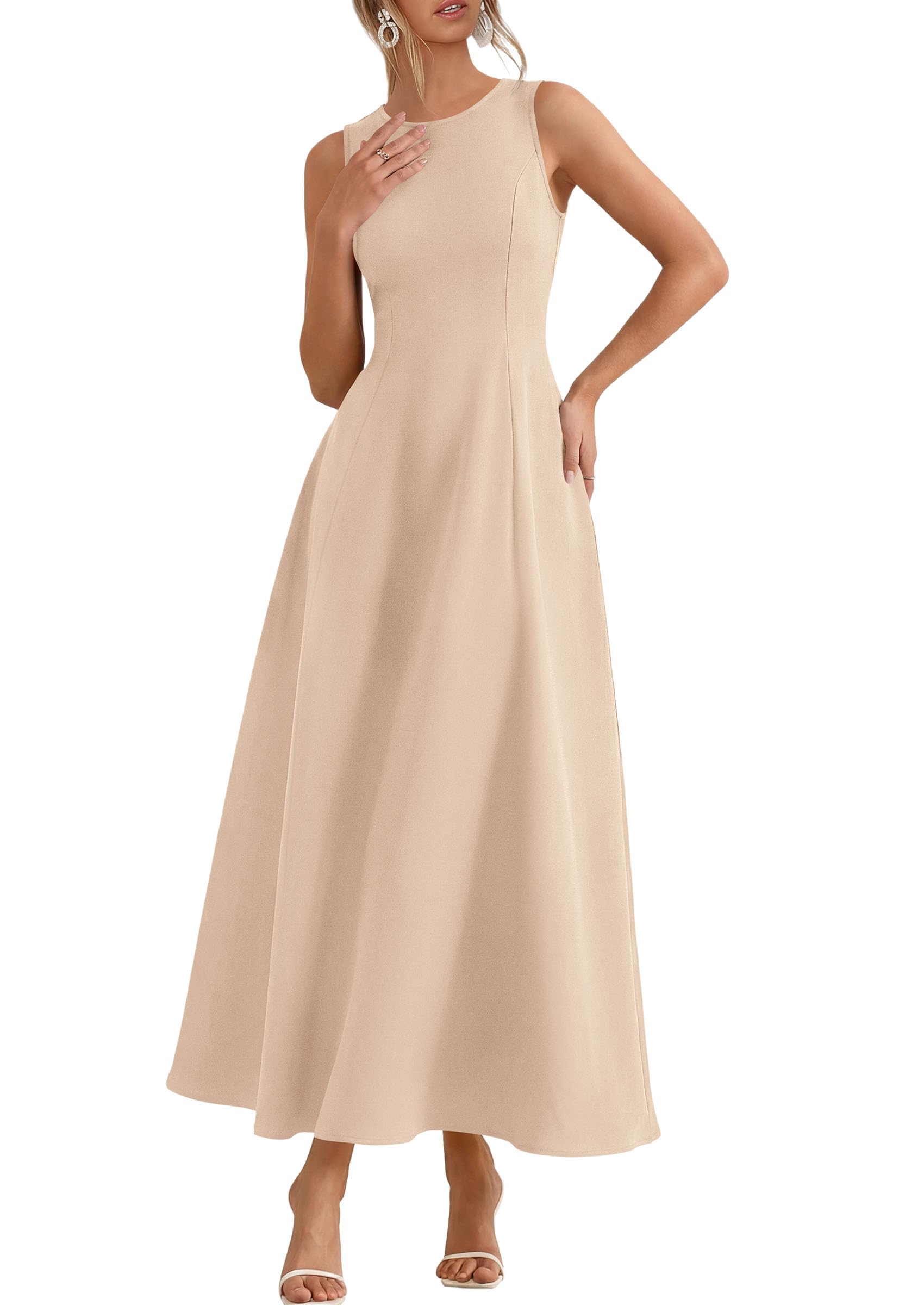 Women's Sleeveless Summer Elegant Maxi Dresses, Beige,S