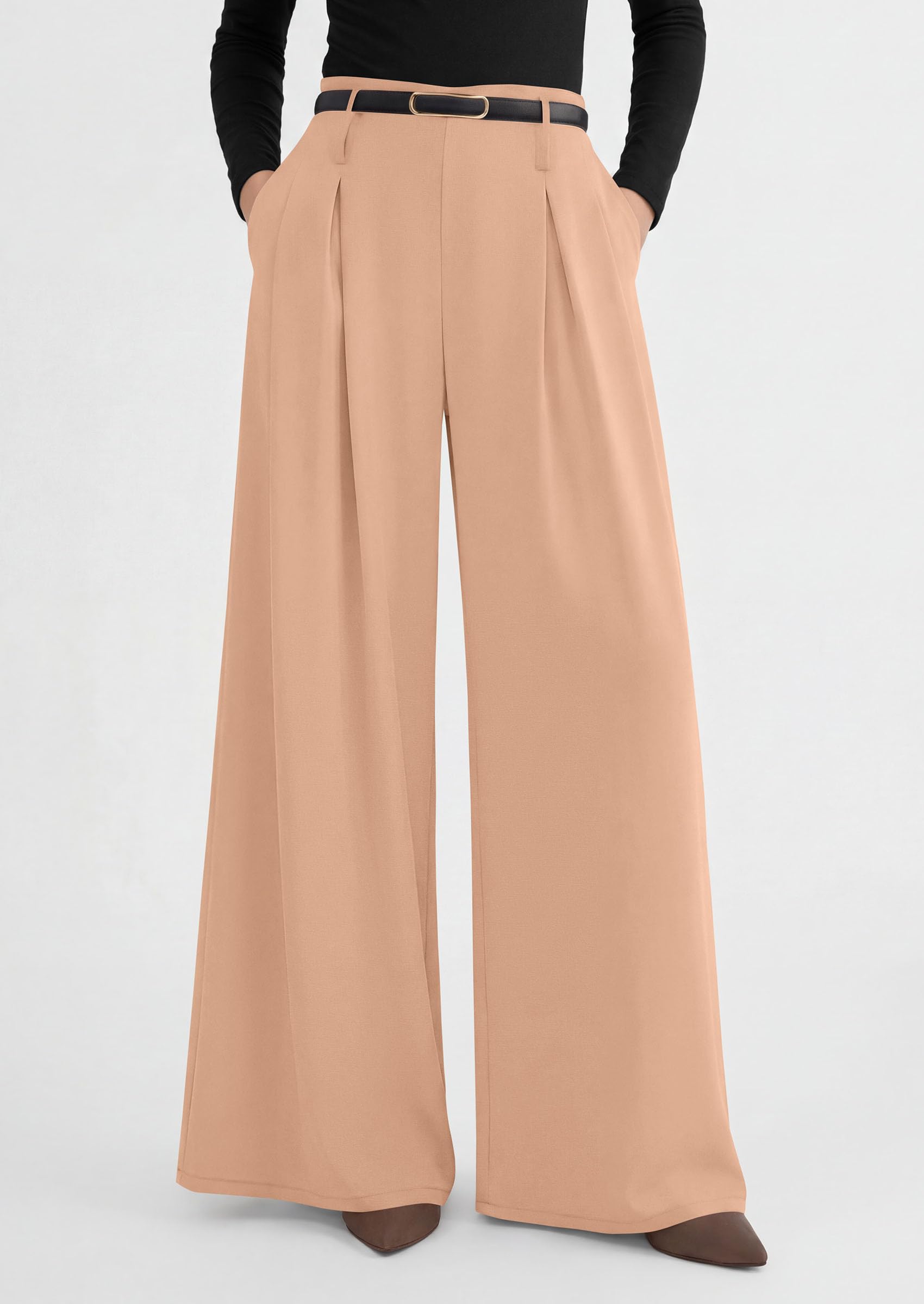 Womens Wide Leg Dress Pants Flowy Trousers,Champagne,S