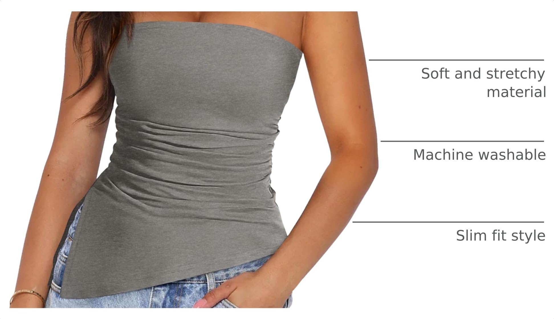 Women's Ruched Asymmetrical Strapless Tube Top, Grey,S
