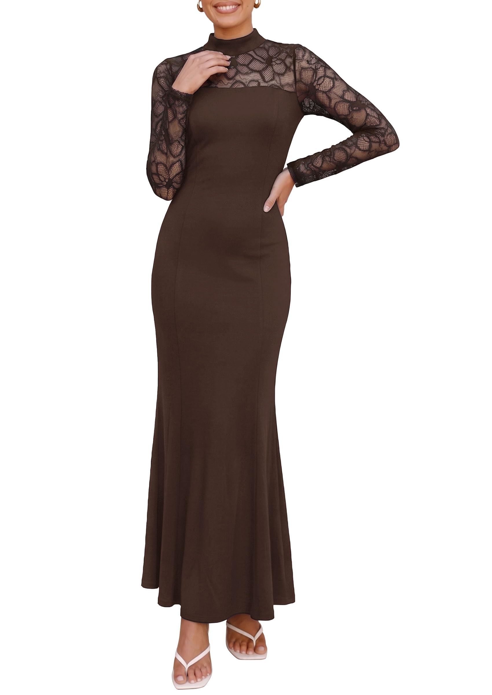 Women's Fall Lace Sheer Dress Bodycon Maxi Cocktail Dresses