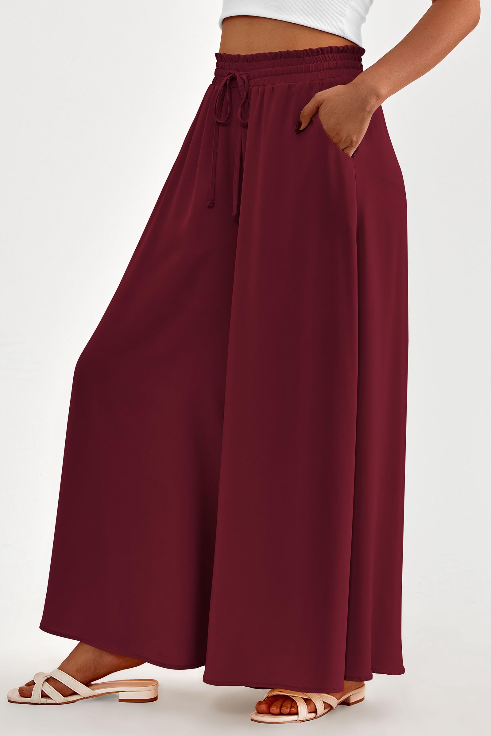 Summer Wide Leg Palazzo Pants for Women Casual,Wine Red,S