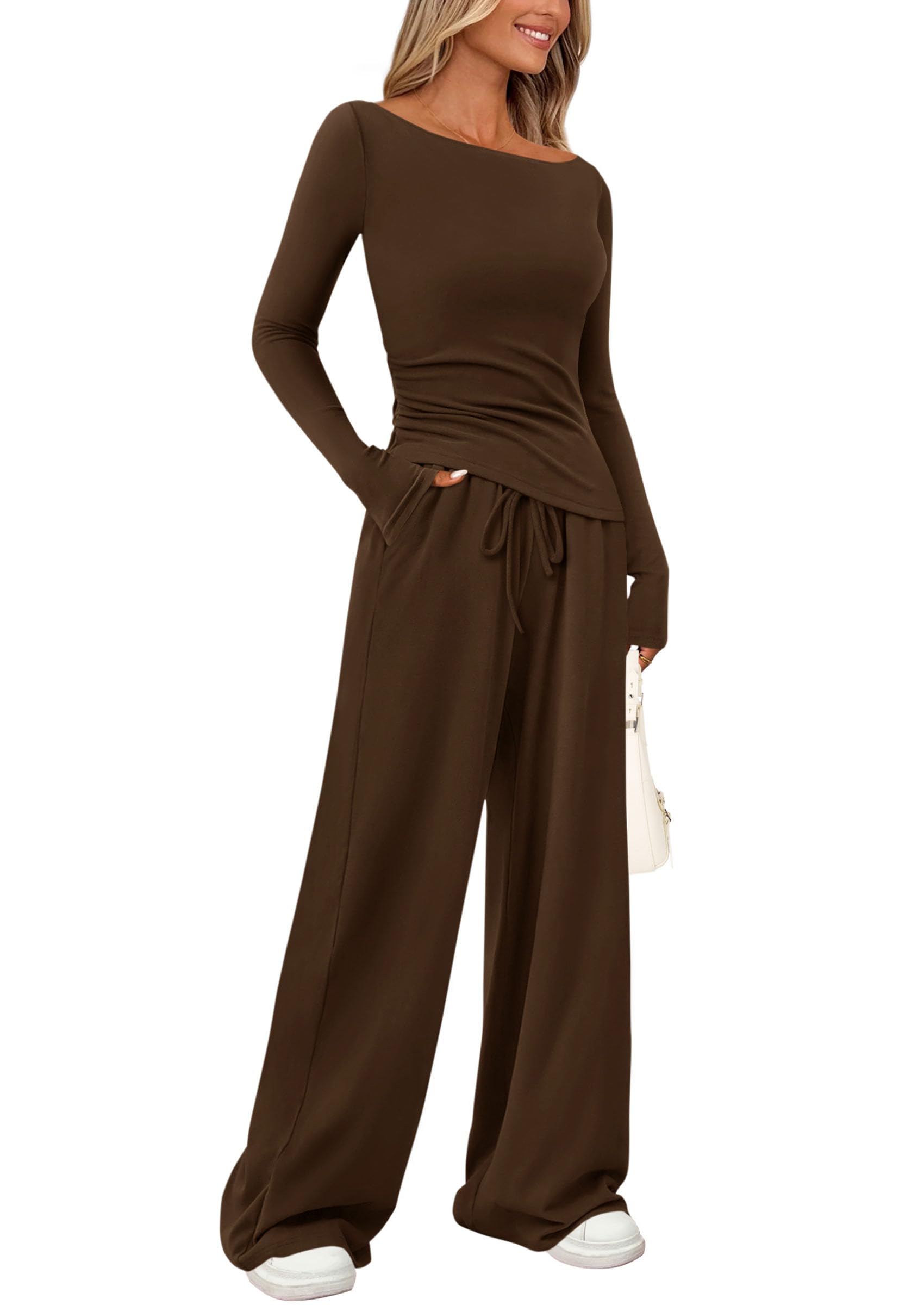 Women's 2 Piece Lounge Sets Airport Outfits(Brown,XS)