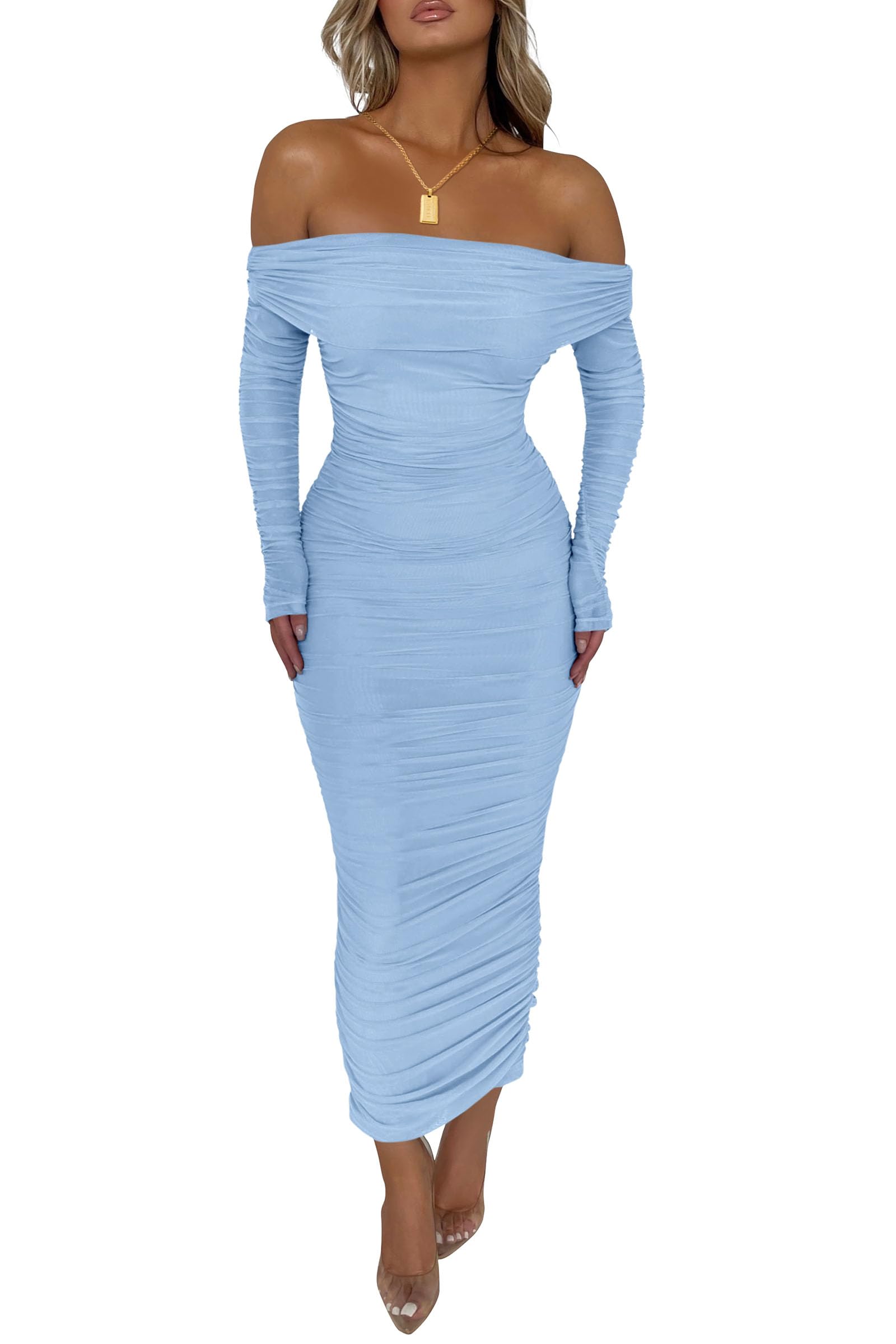 Women's Off the Shoulder Maxi Bodycon Dress, Light Blue,M
