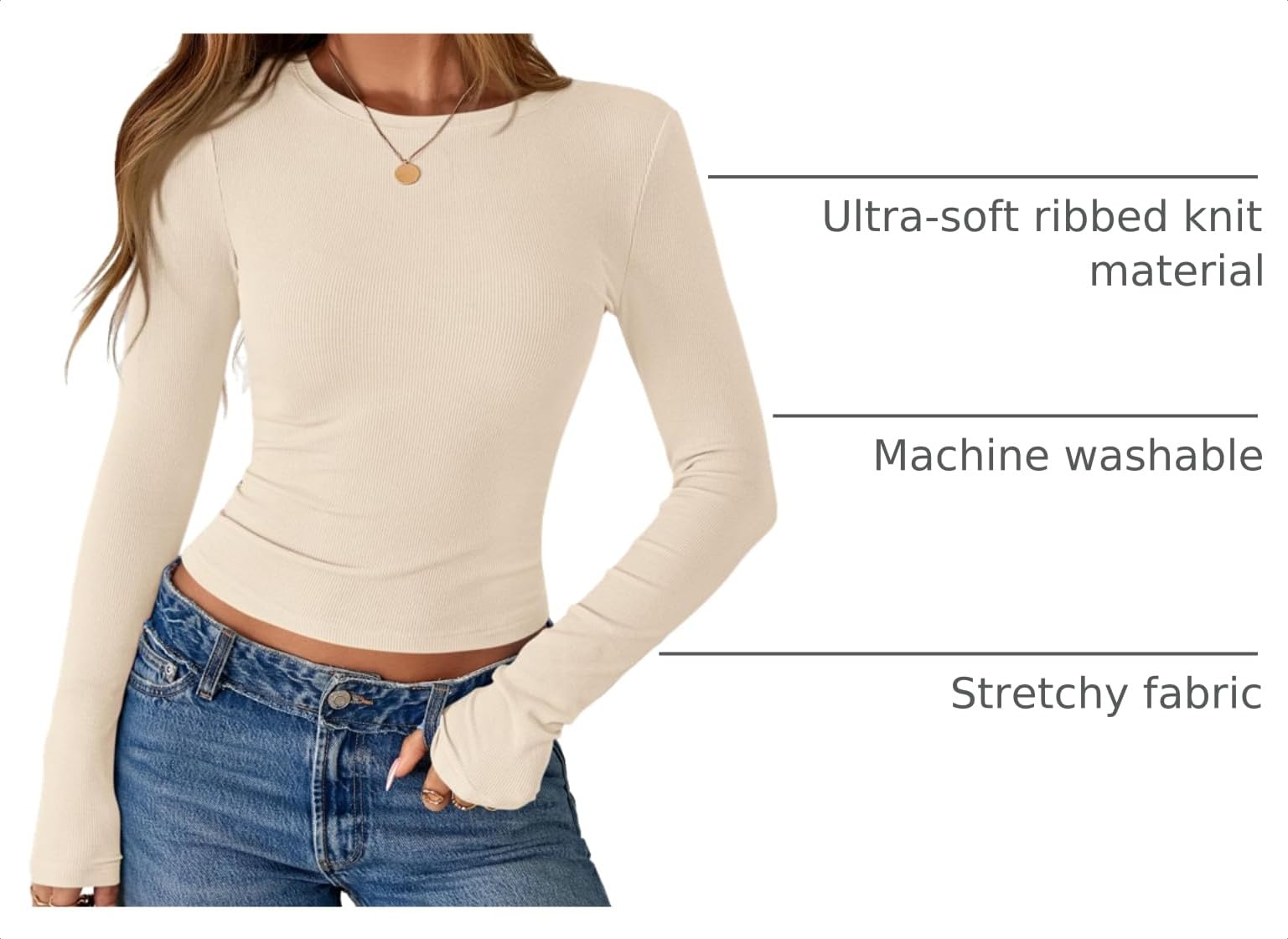 Women's Fall Long Sleeve Shirts Basic Tees (Beige,XS)