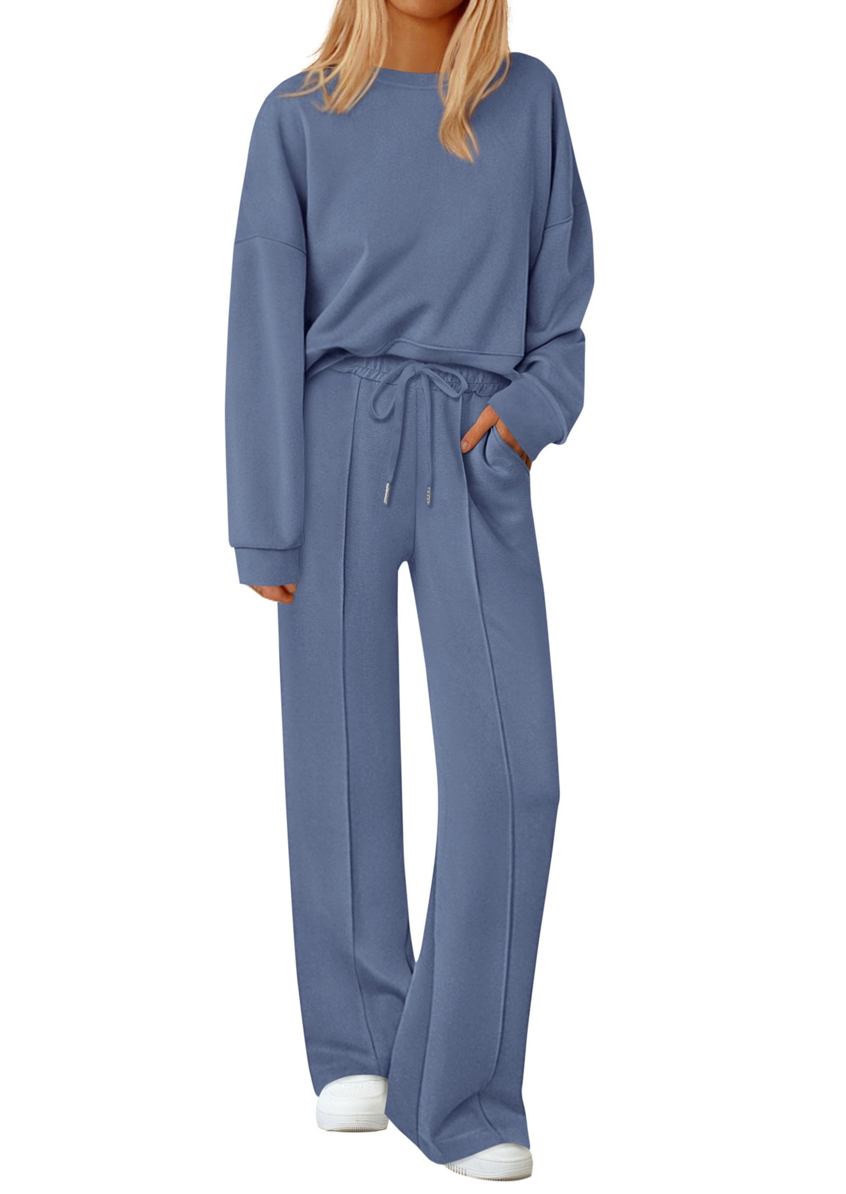 Womens Long Sleeve Sweatshirt 2 Piece Sets,Grey Blue,L