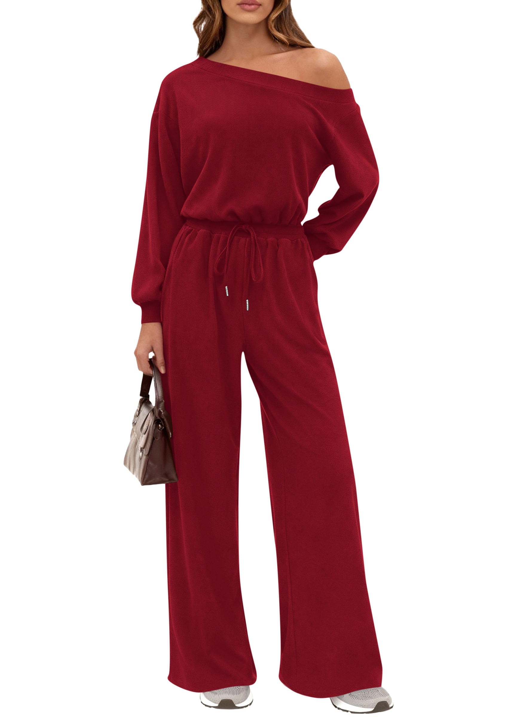 Womens Off Shoulder Long Sleeve Jumpsuit,Wine Red,S
