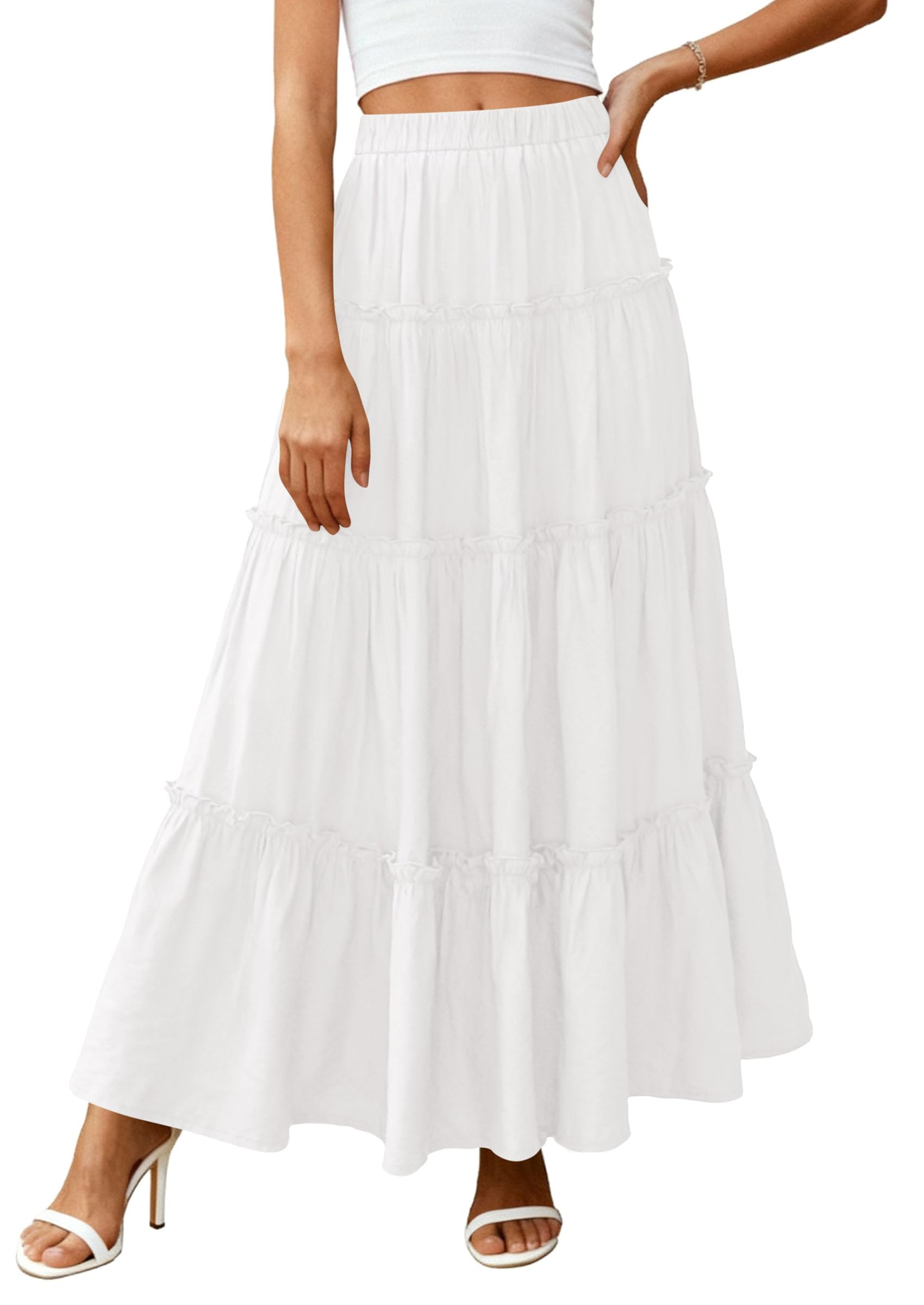 Women's Boho Tiered Ruffle Flowy Maxi Skirt, White,M