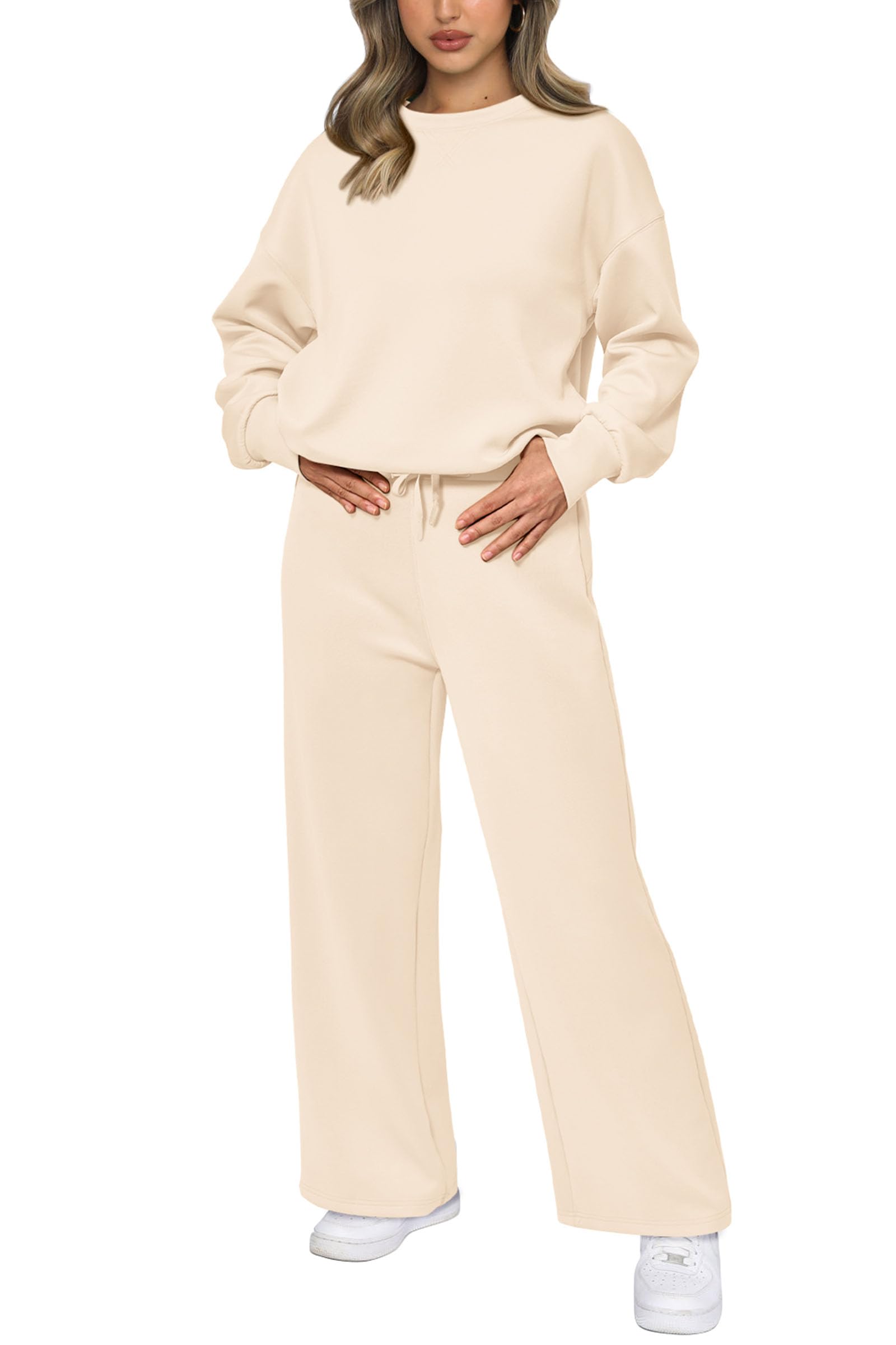 Womens 2 Piece Outfits 2025 Fall Long Sleeve Sweatshirt Wide Leg Pants Lounge Sets Winter Sweatsuits Tracksuit (Beige,Small)