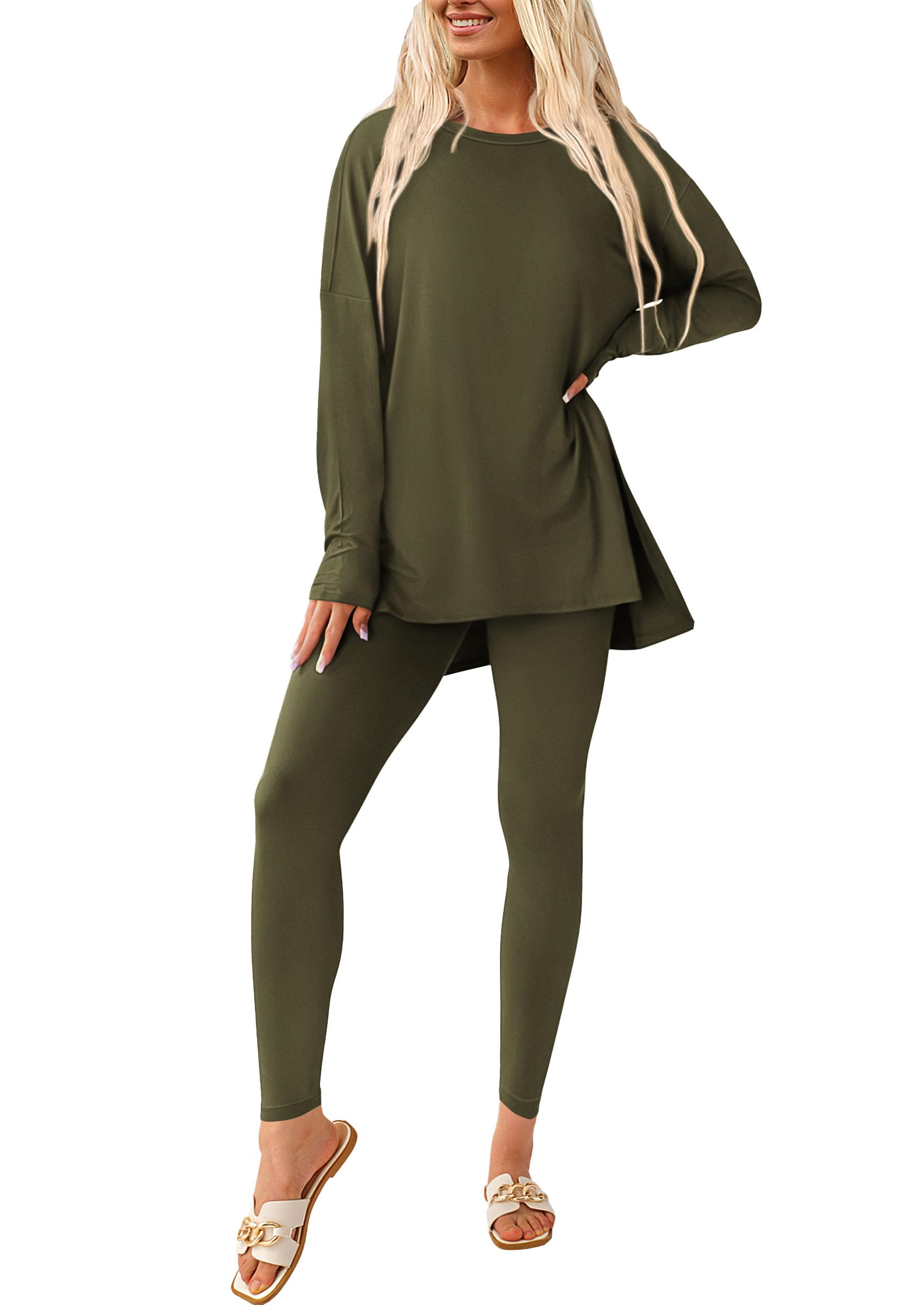 Women's 2 Piece Outfits Matching Lounge Sets,Army Green,S