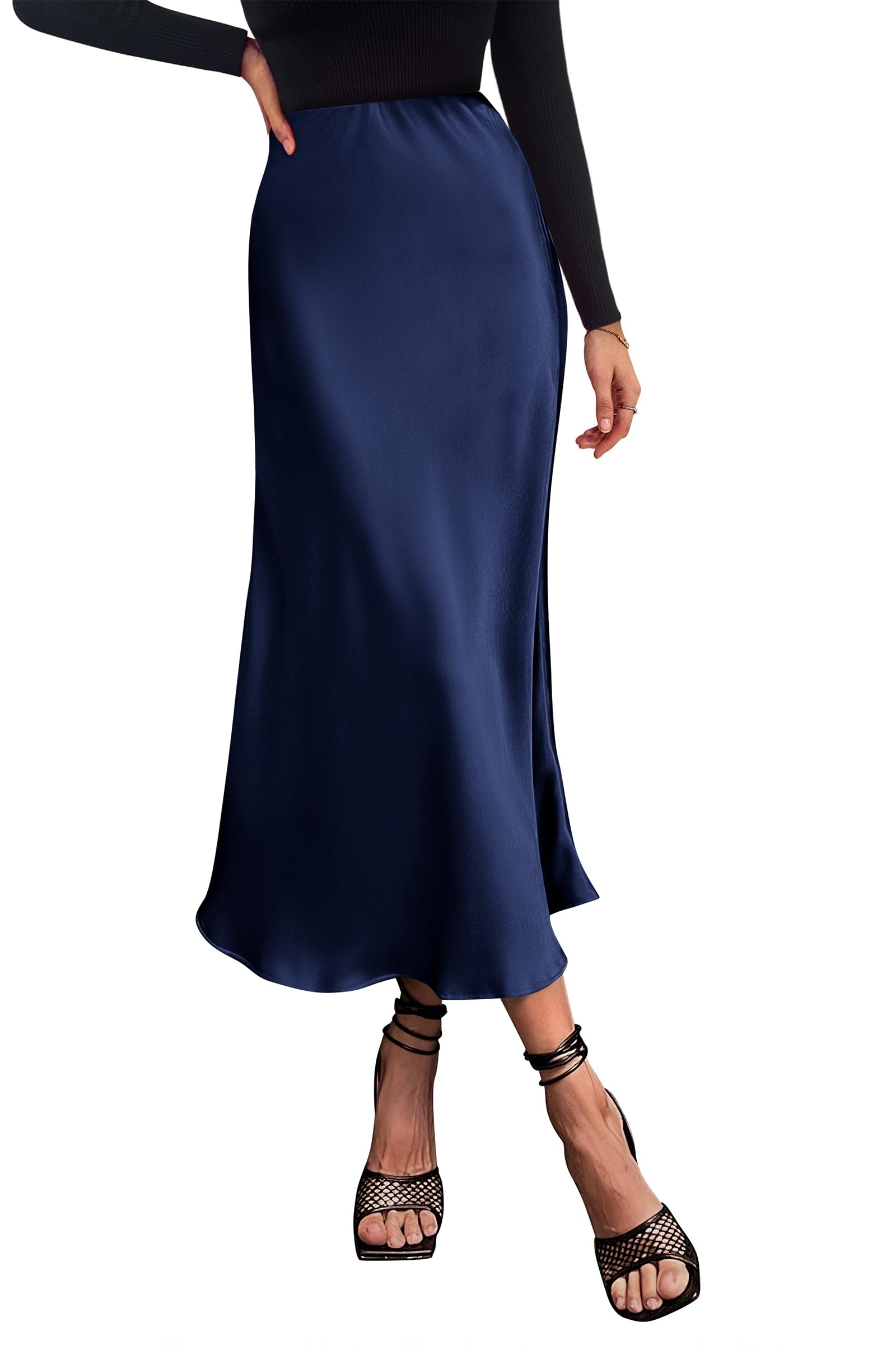 Women's Satin Midi Skirts Dressy Casual,Navy,S