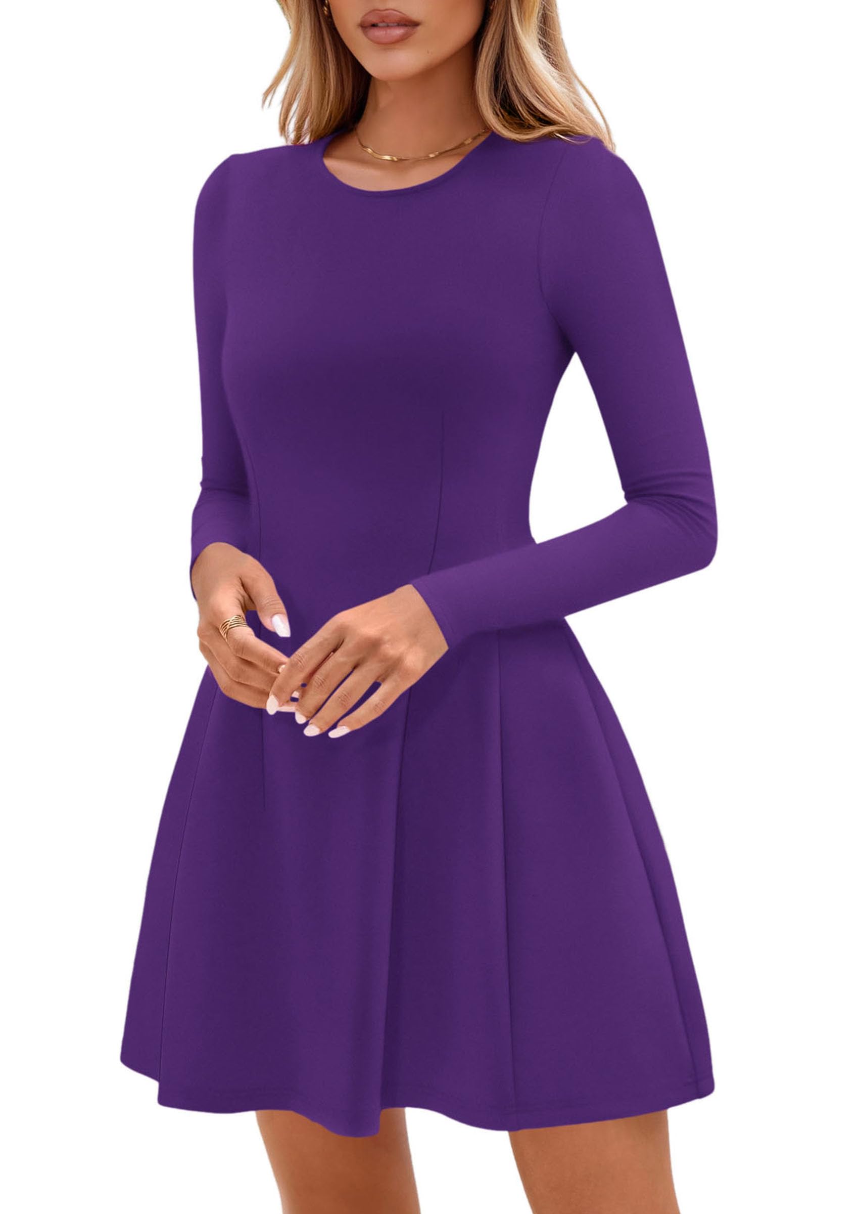 Womens Long Sleeve Pleated Mini Dress,Purple,XS