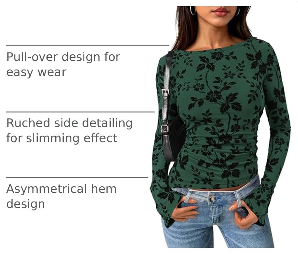 Women's Long Bell Sleeve Y2K Tops Boho Floral Mesh Blouses