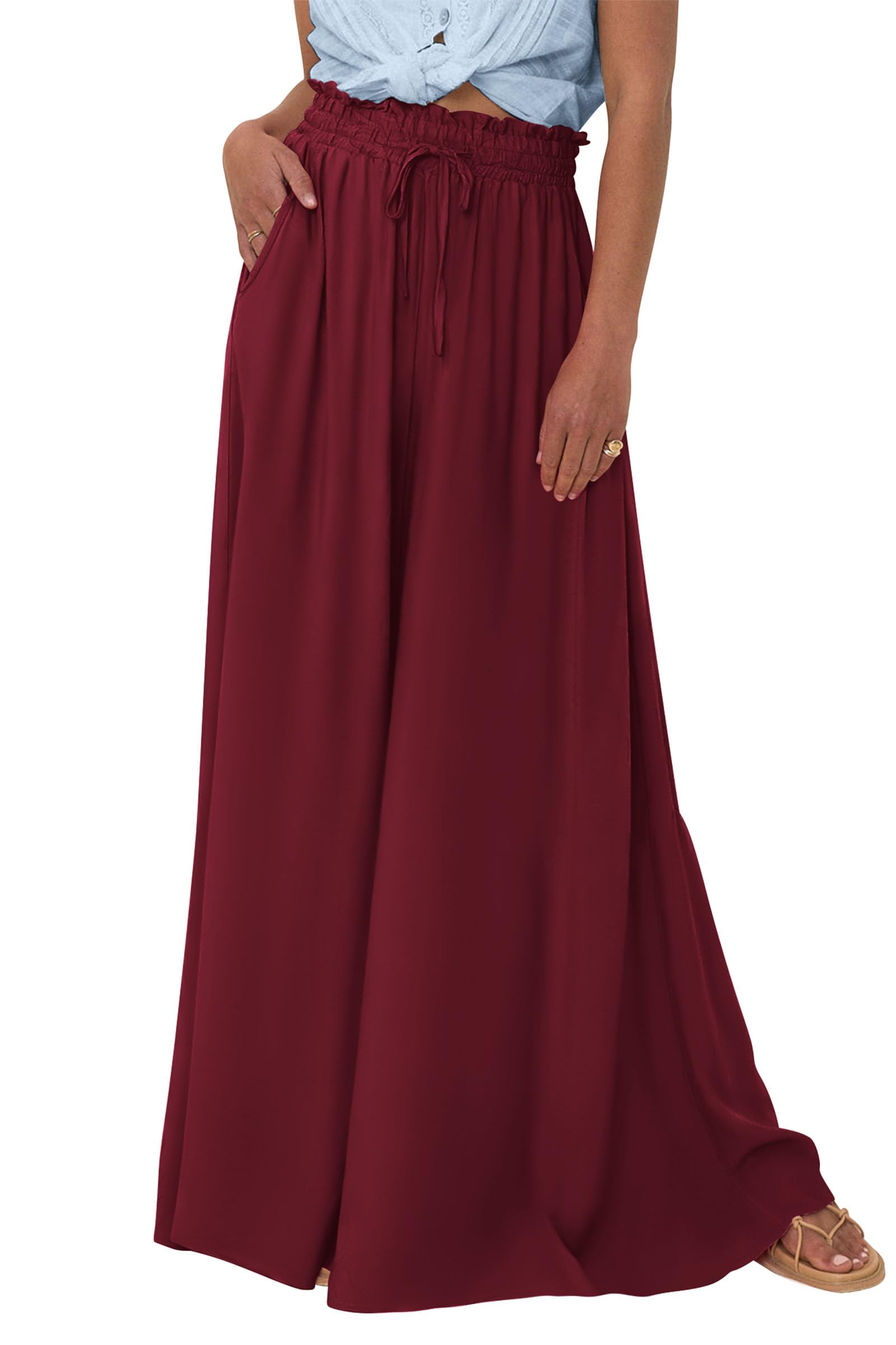 Summer Wide Leg Palazzo Pants for Women Casual,Wine Red,S