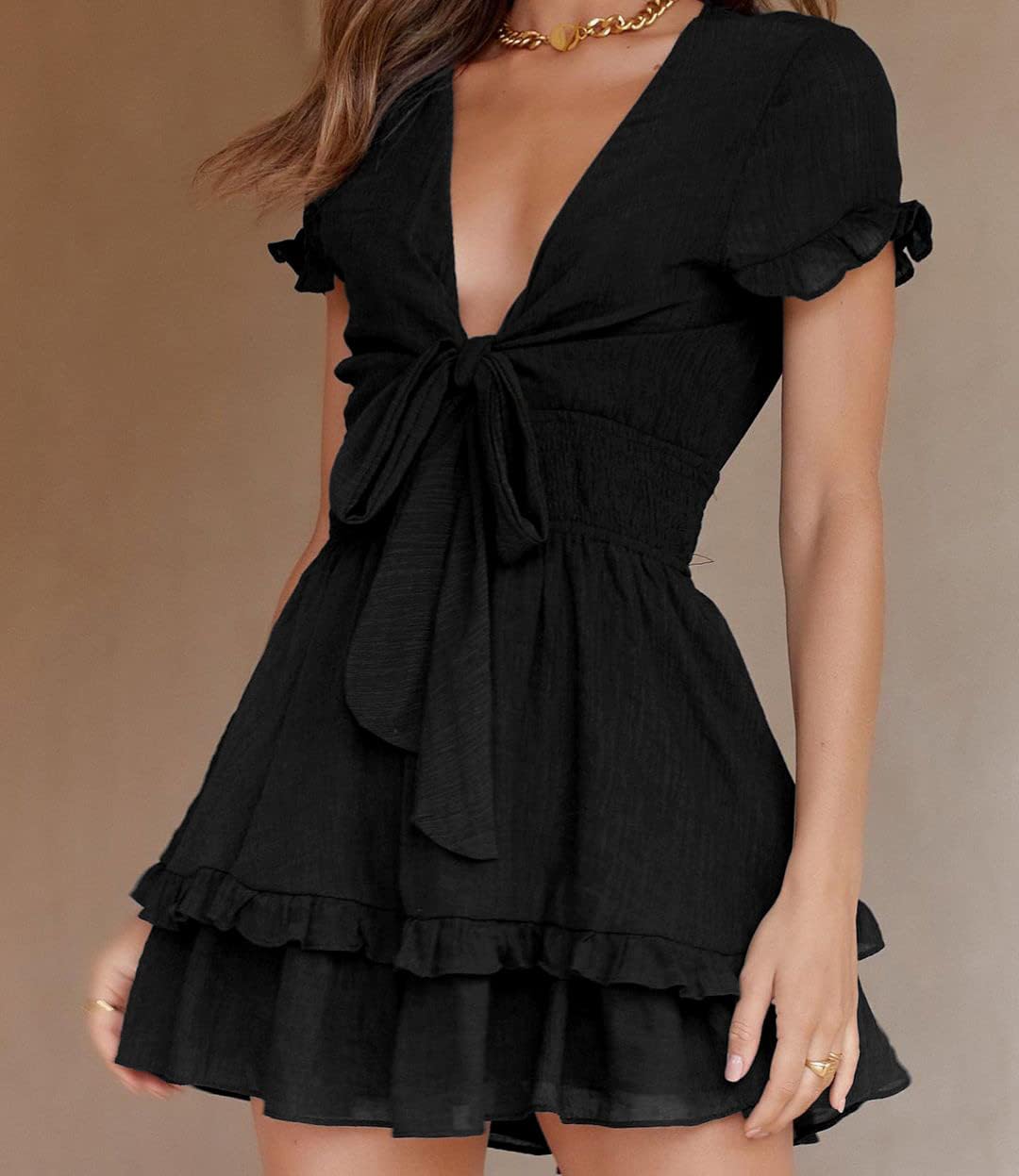 Women's Boho Floral Mini Tiered Bow Dress, Black,S