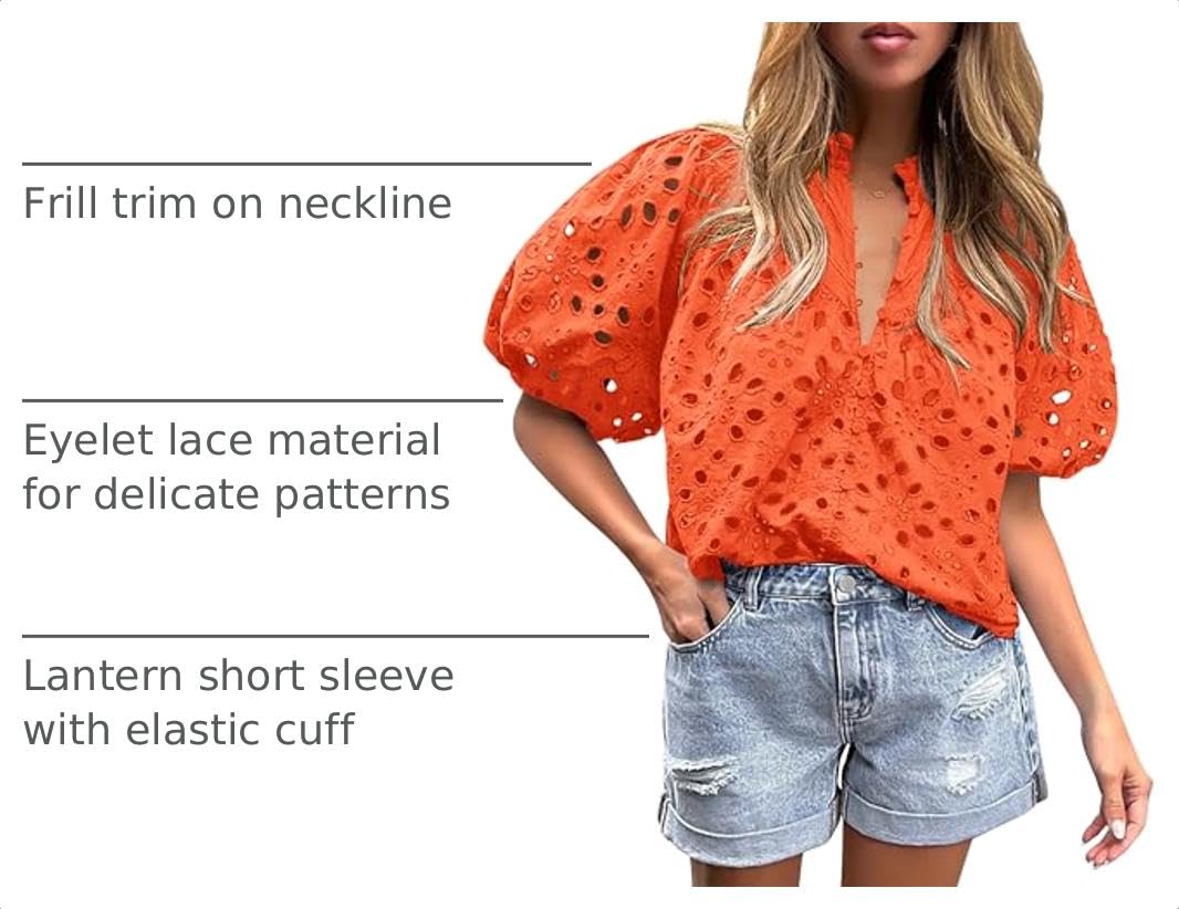 Womens Tops Boho Eyelet Puff Sleeve Blouse, Orange,S