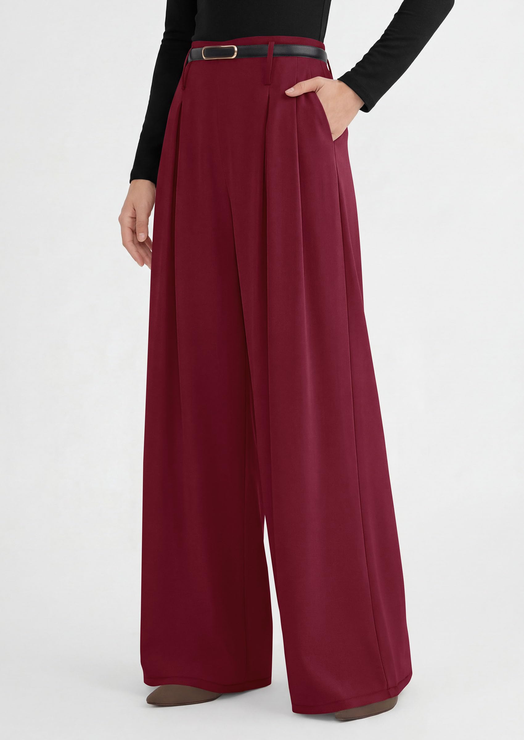 Womens Wide Leg Dress Pants Flowy Trousers,Wine Red,S
