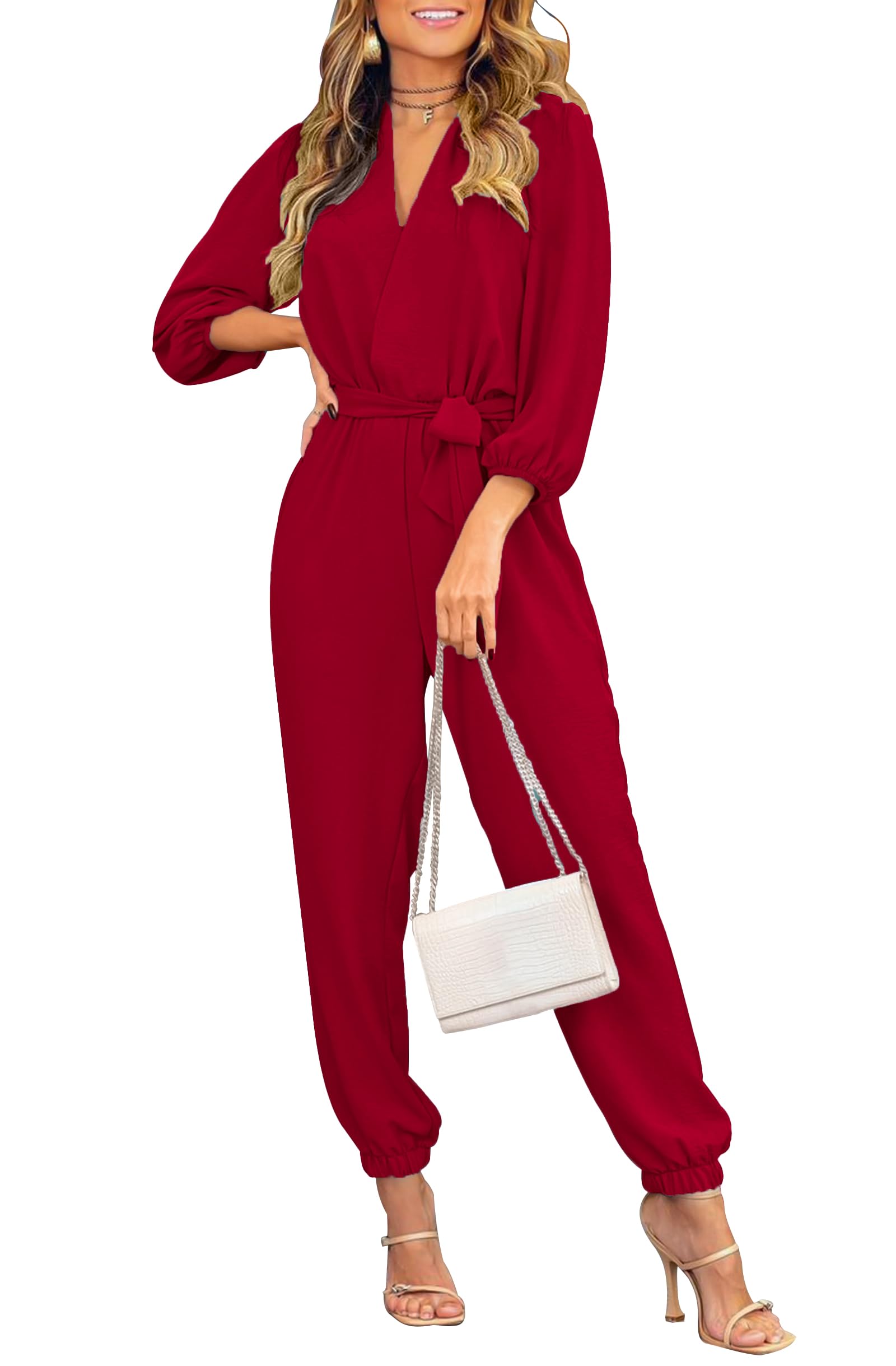 Long Sleeve Jumpsuits for Women Dressy Casual, Red,S