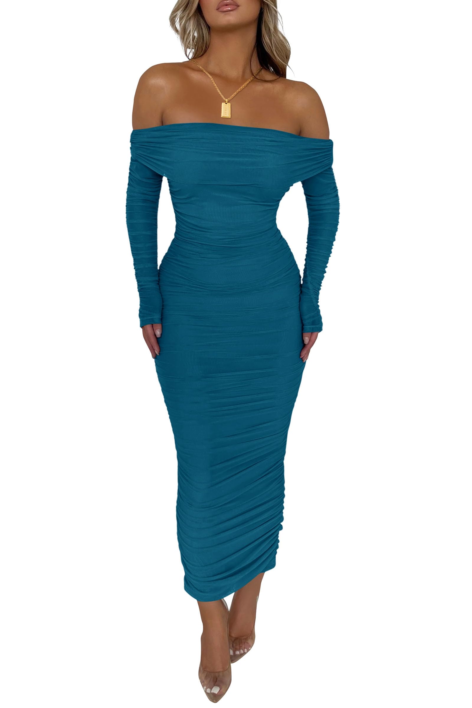 Women's Off the Shoulder Maxi Bodycon Dress, Lake Blue,S