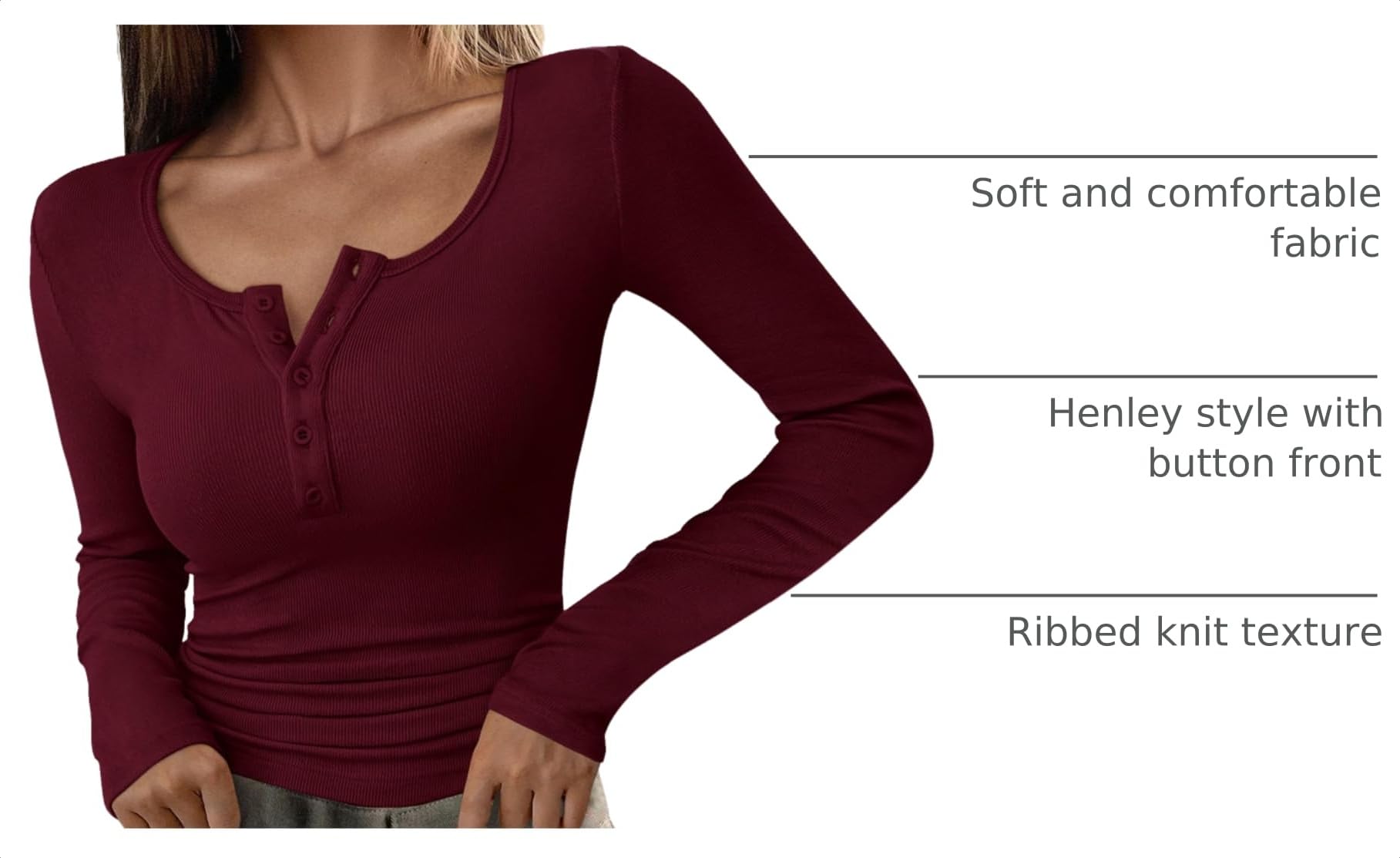 Women's Fall Long Sleeve Henley T Shirts Wine Red