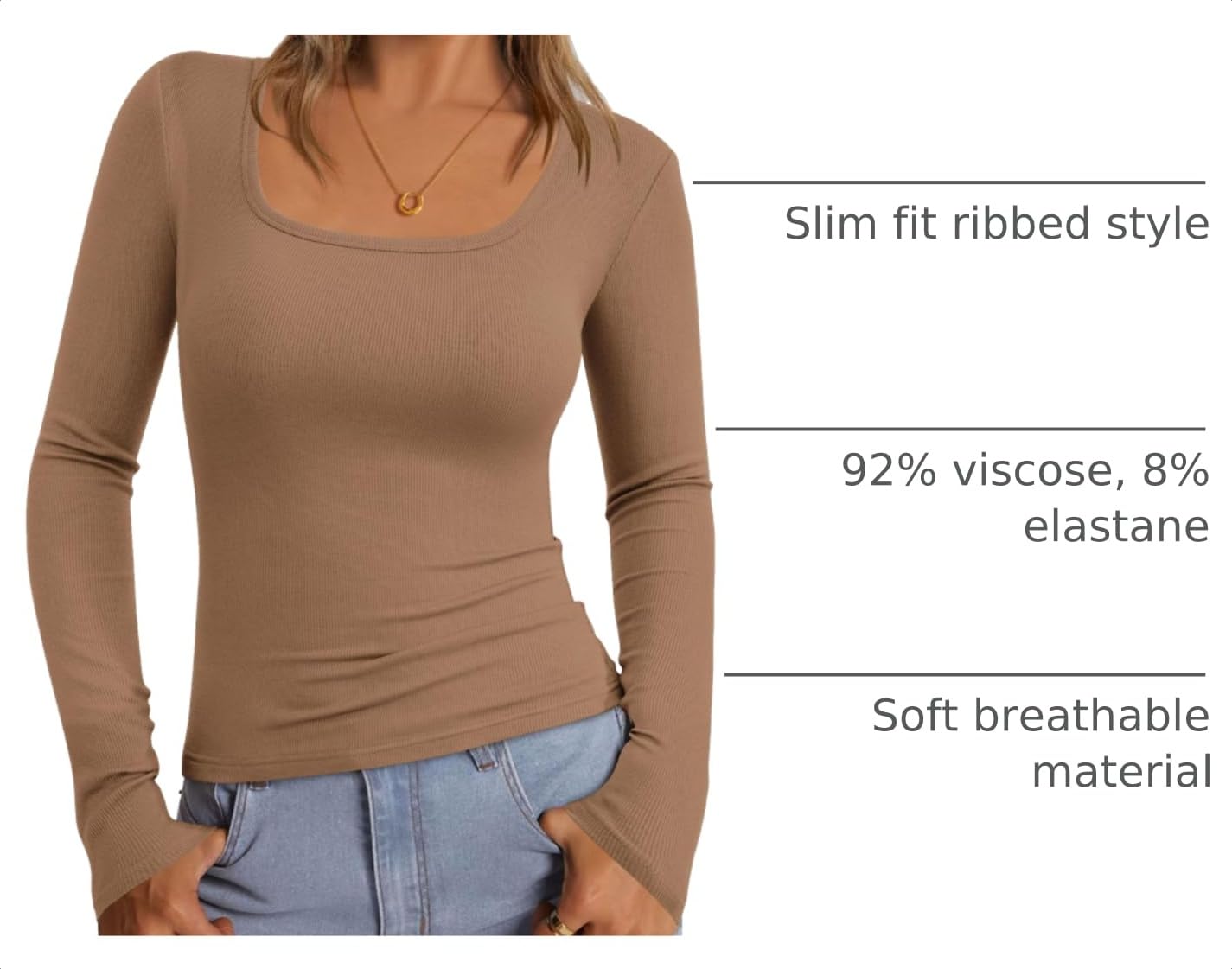 Square Neck Long Sleeve Shirts for Women Light Khaki,XS