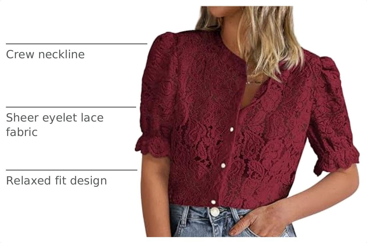 Womens Lace Tops Button Down Short Sleeve Shirts,Wine Red,S