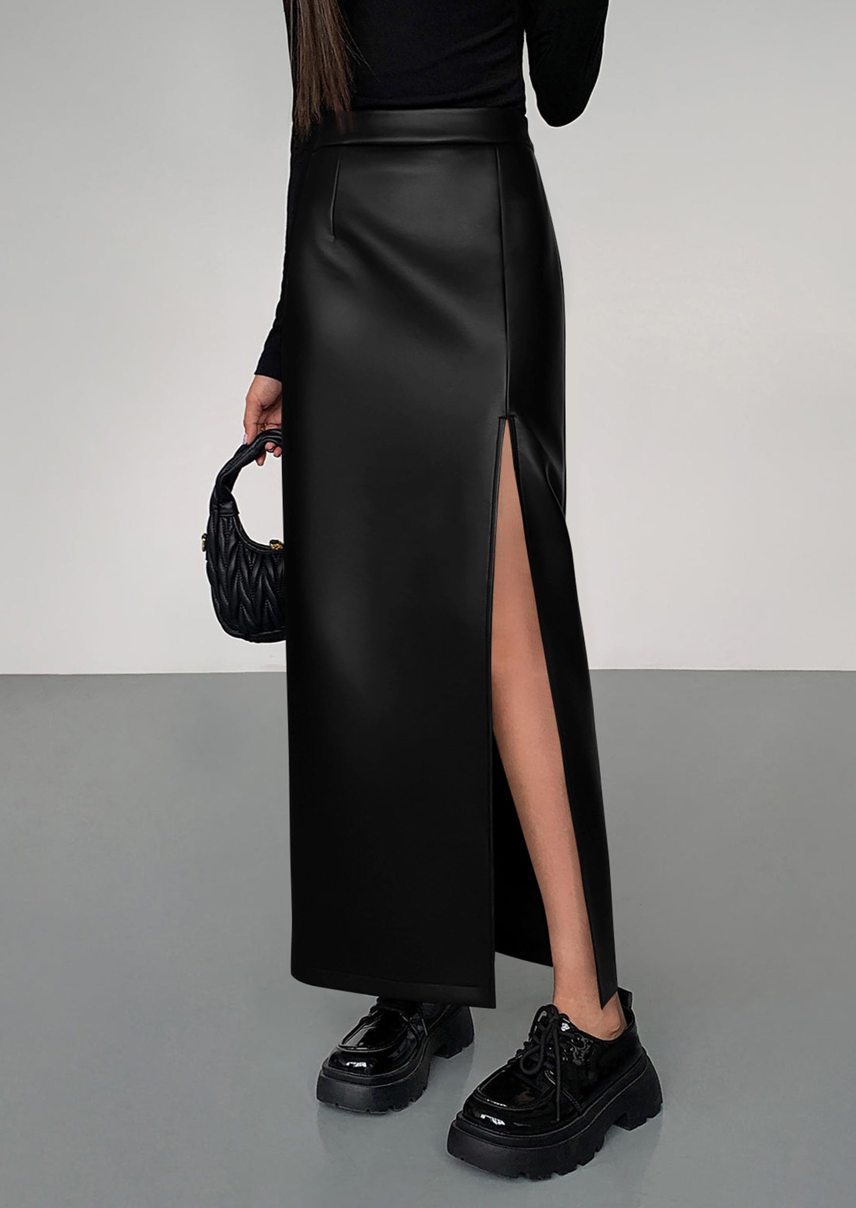 Women's Faux Leather Long Pencil Skirt,Black,XS