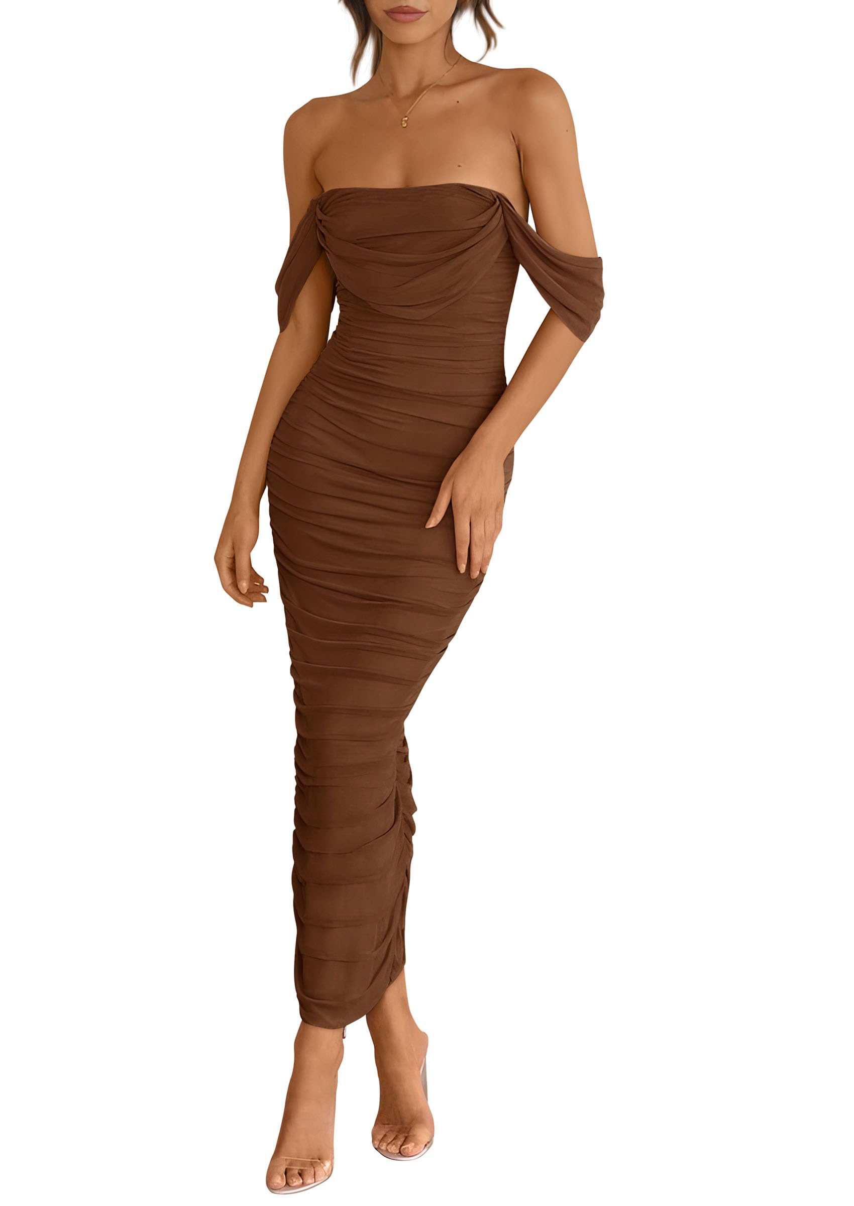 Womens Off Shoulder Maxi Wedding Guest Dress,Dark Brown,S