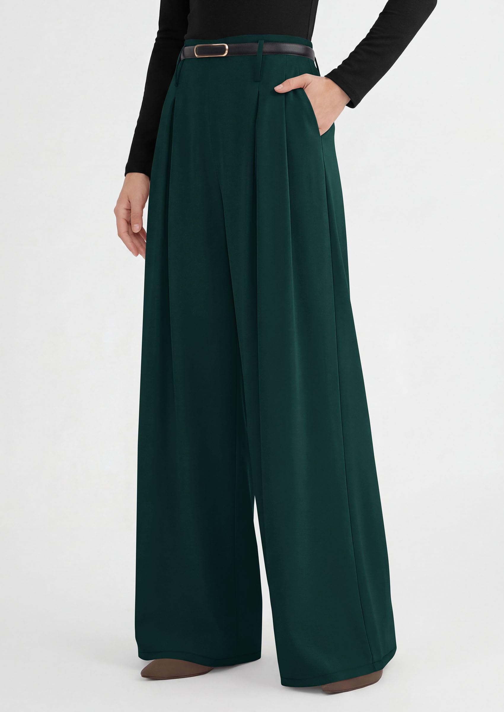 Womens Wide Leg Dress Pants Flowy Trousers,Dark Green,S