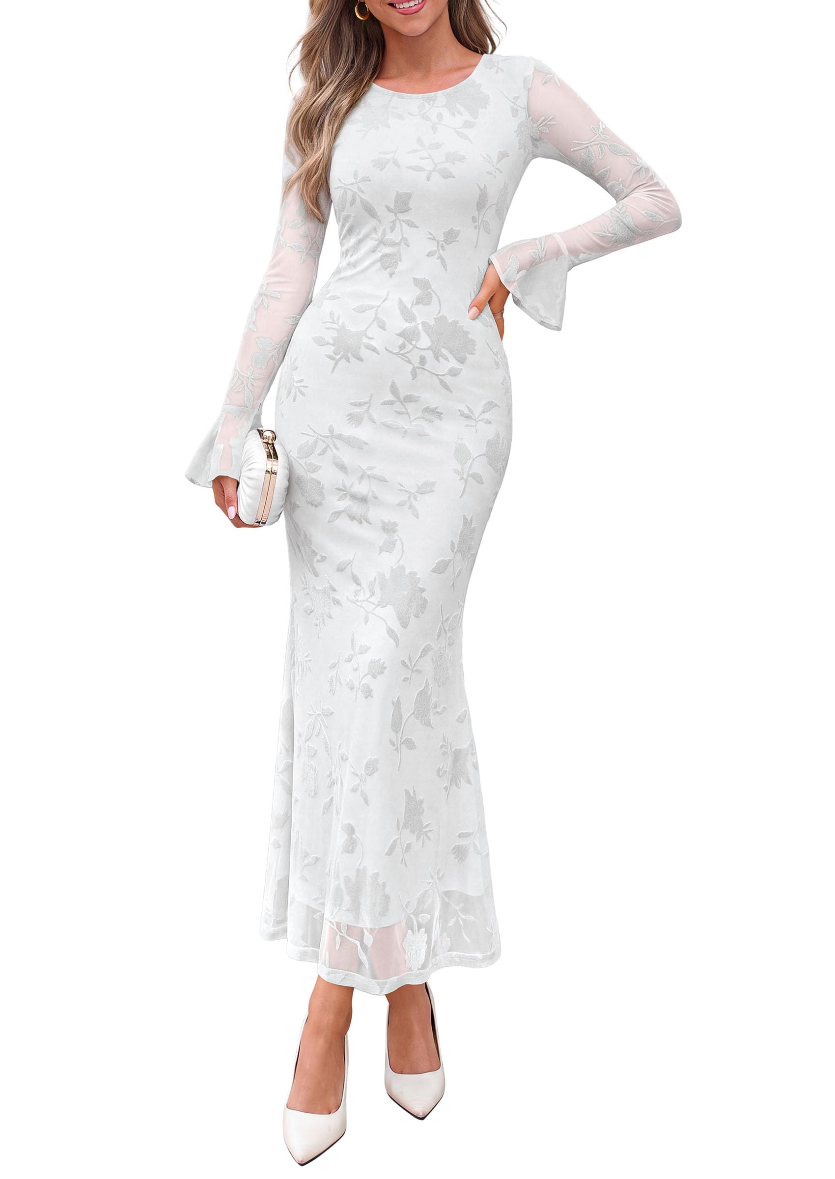 Women's Long Sleeve Maxi Floral Mesh Fall Wedding Guest Dress