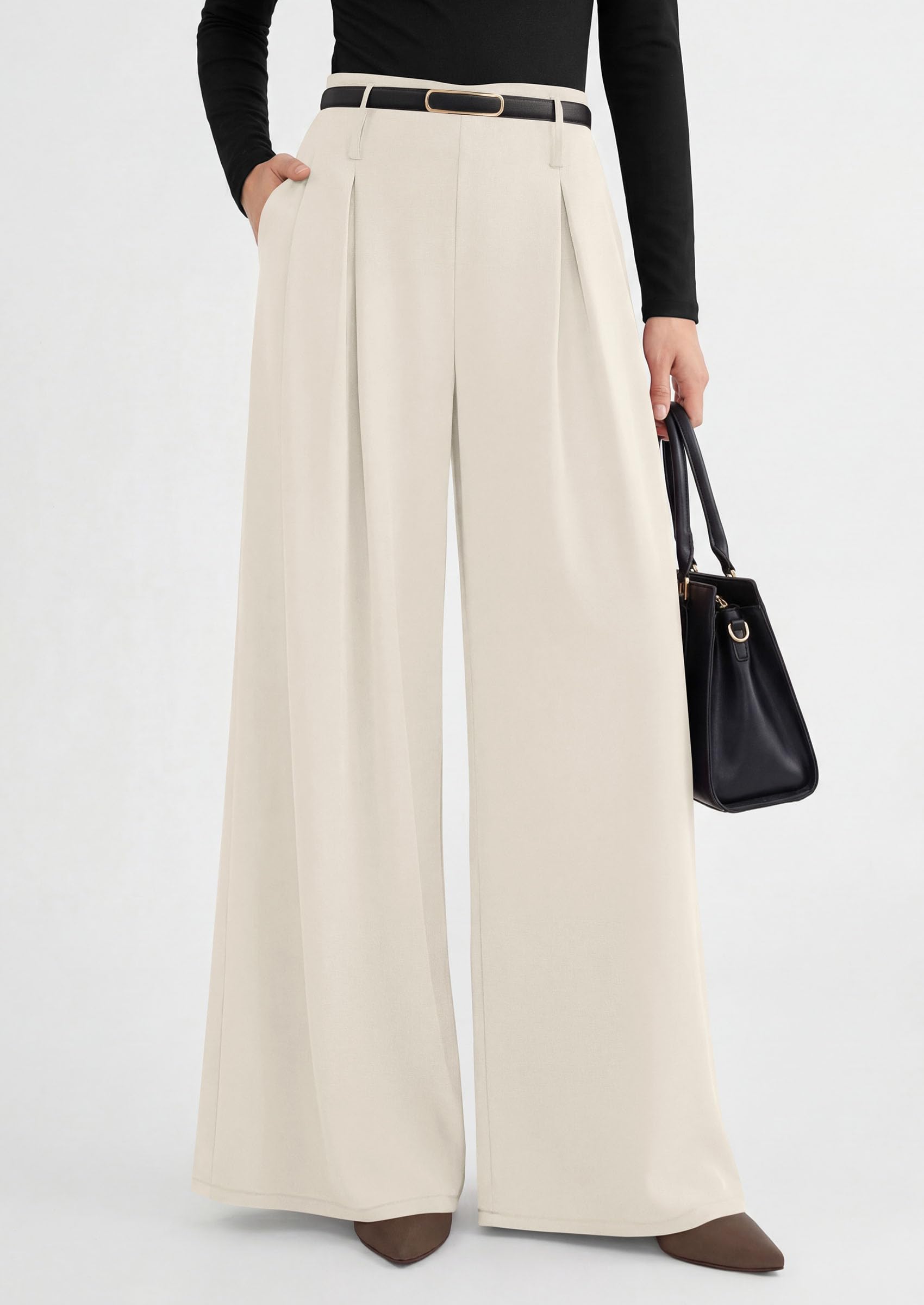 Womens Wide Leg Dress Pants Flowy Trousers,Beige,S