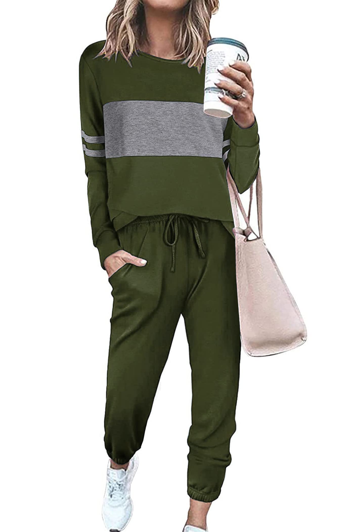 Women Color Block 2 Piece Sets Tracksuit,Army Green,S