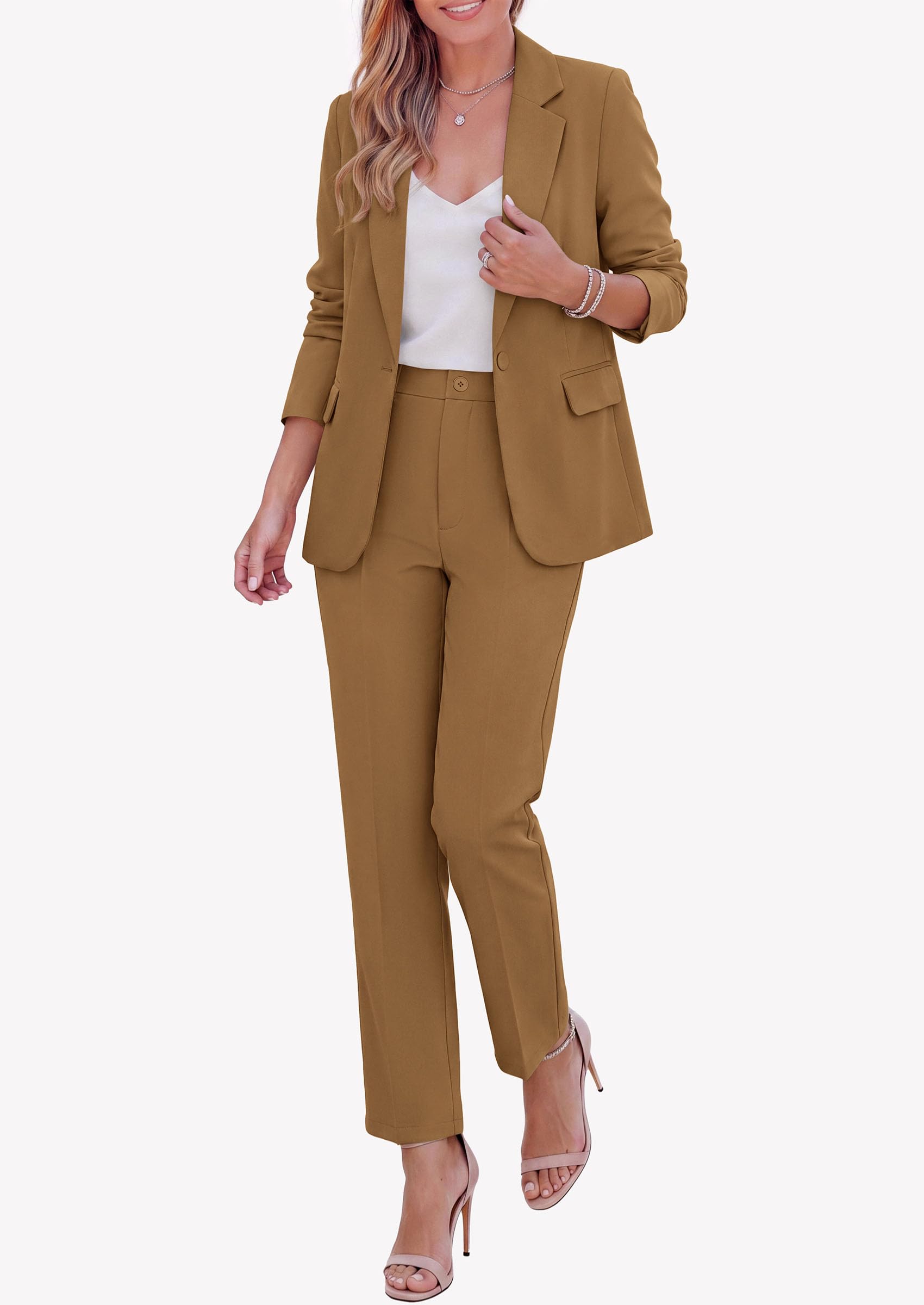 Two Piece Sets for Women Dressy Pant Suits,Light Brown,S