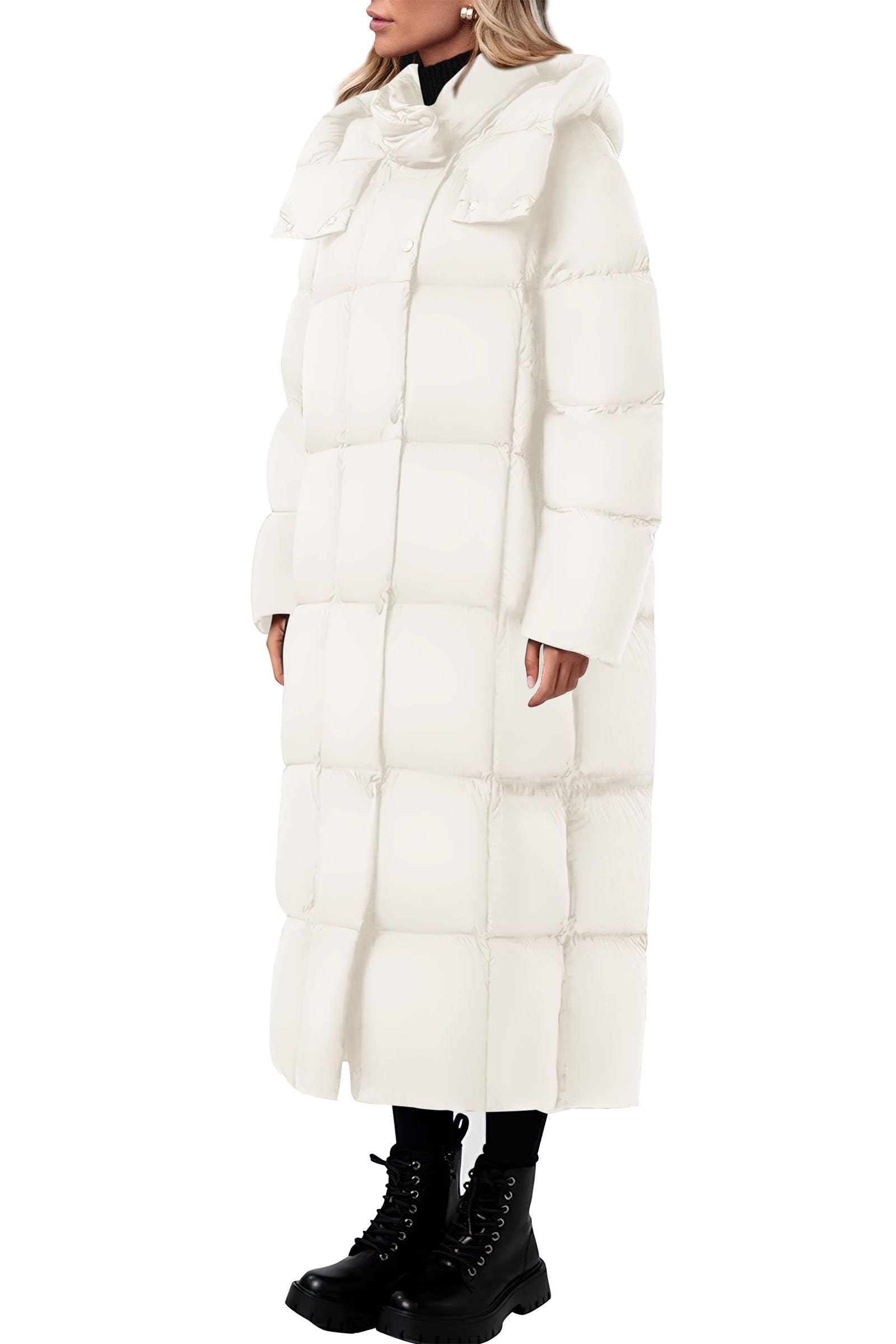 Women's Winter Long Puffer Coats Hooded Zip Up Casual Thickened Down Jackets Trendy Warm Clothes Outerwear (Beige,Medium)
