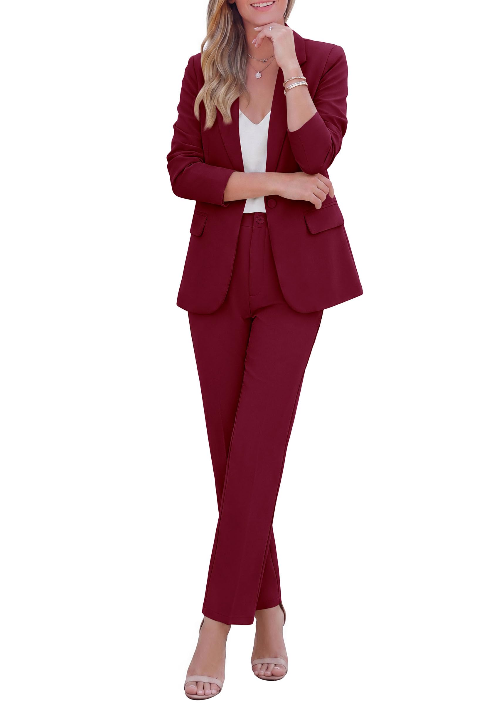 Two Piece Sets for Women Dressy Pant Suits,Wine Red,S