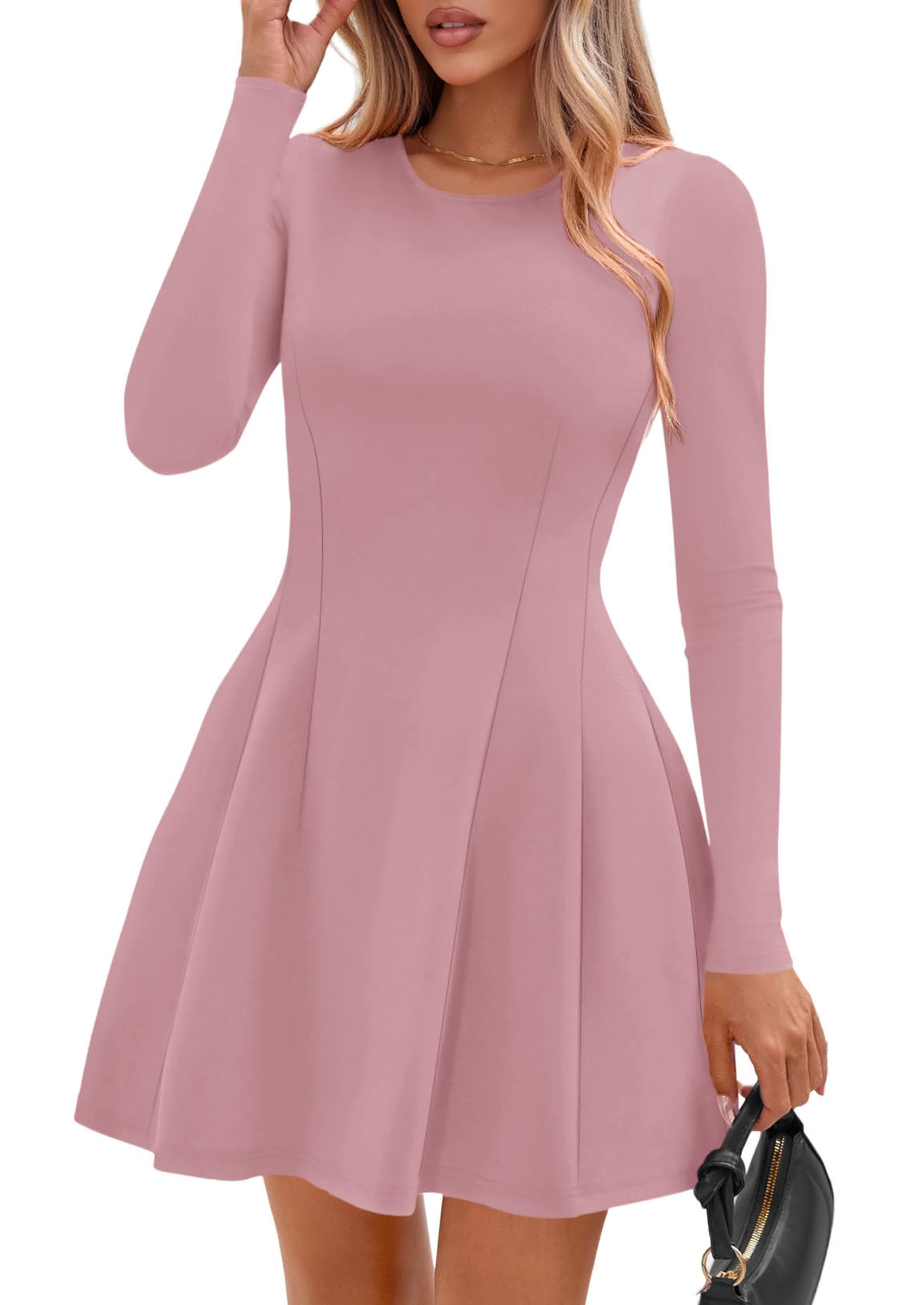 Womens Long Sleeve Pleated Mini Dress,Pink,XS