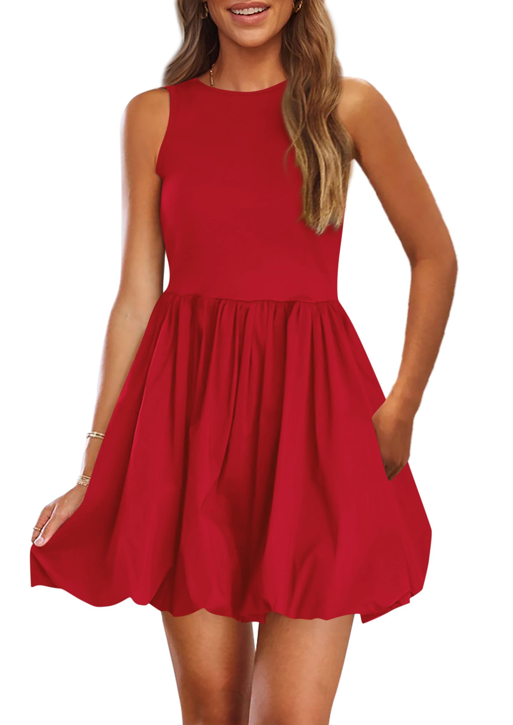 Womens Summer Bubble Sleeveless Mini Dress,Red,S