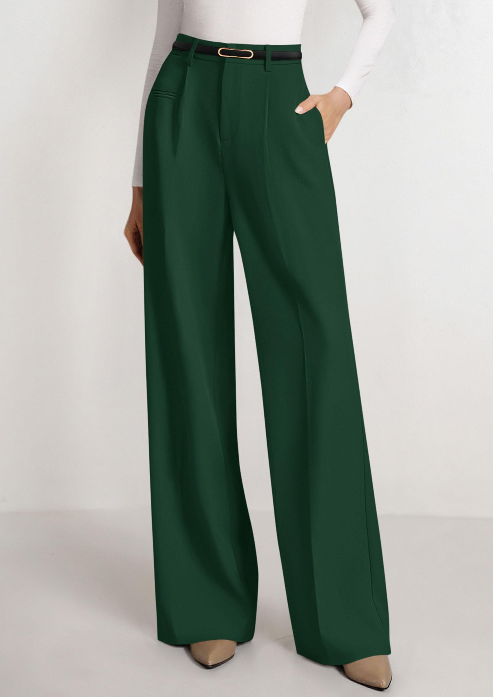 Women's Tailored Wide Leg Work Dress Pants,Dark Green,S