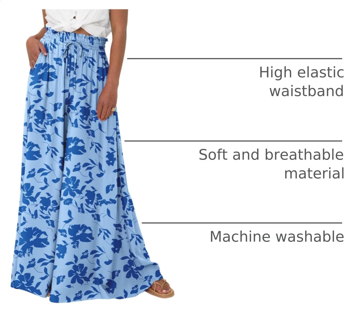 Summer Wide Leg Palazzo Pants for Women Casual,Print Blue,S