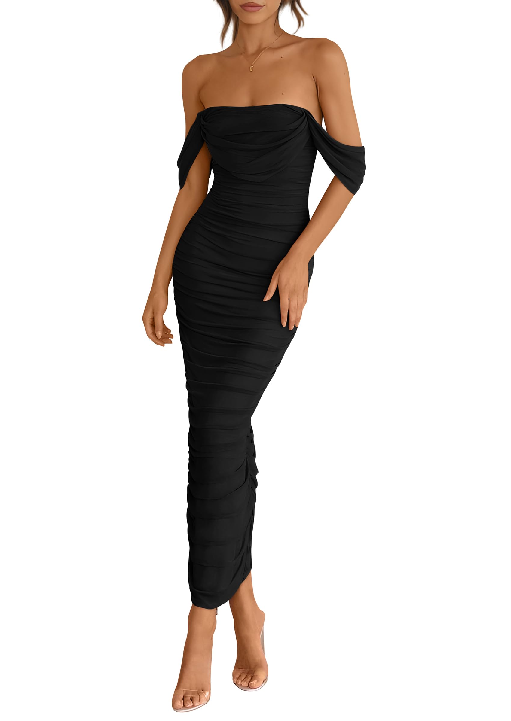 Womens Off Shoulder Maxi Wedding Guest Dress,Black,S
