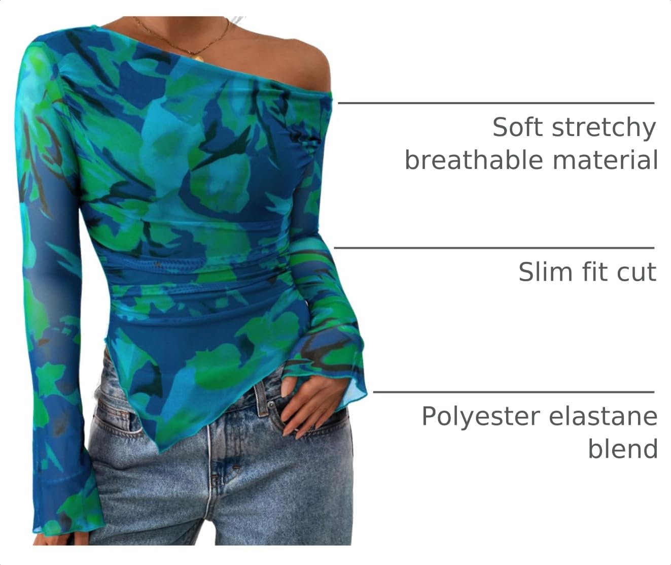 Womens Off Shoulder Mesh Y2k Tops,Floral Green,XS