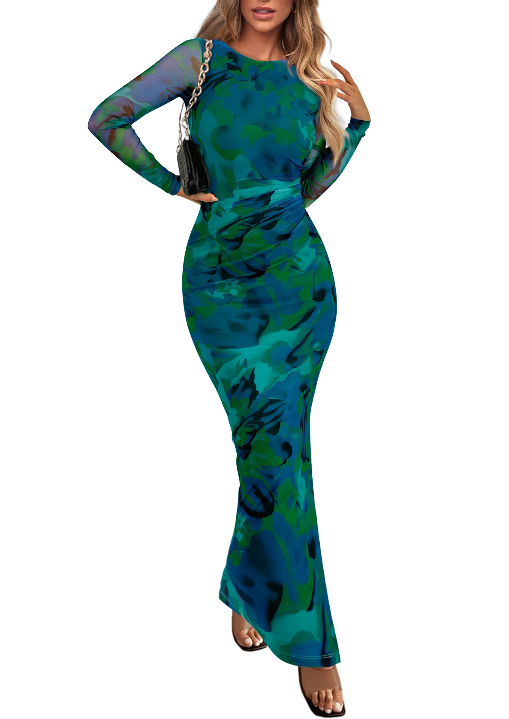 Women's Floral Bodycon Maxi Fall Dress Green