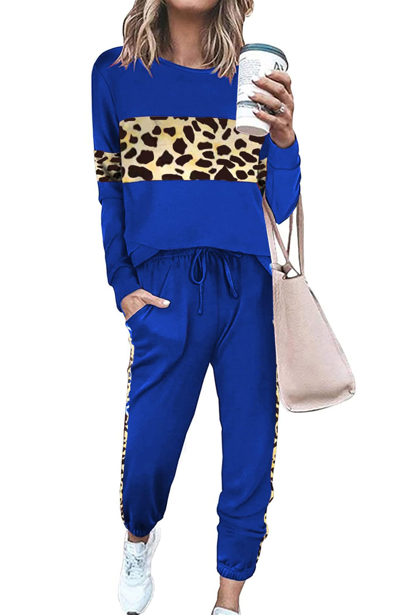 Women Color Block 2 Piece Sets Tracksuit,Leopard Blue,S