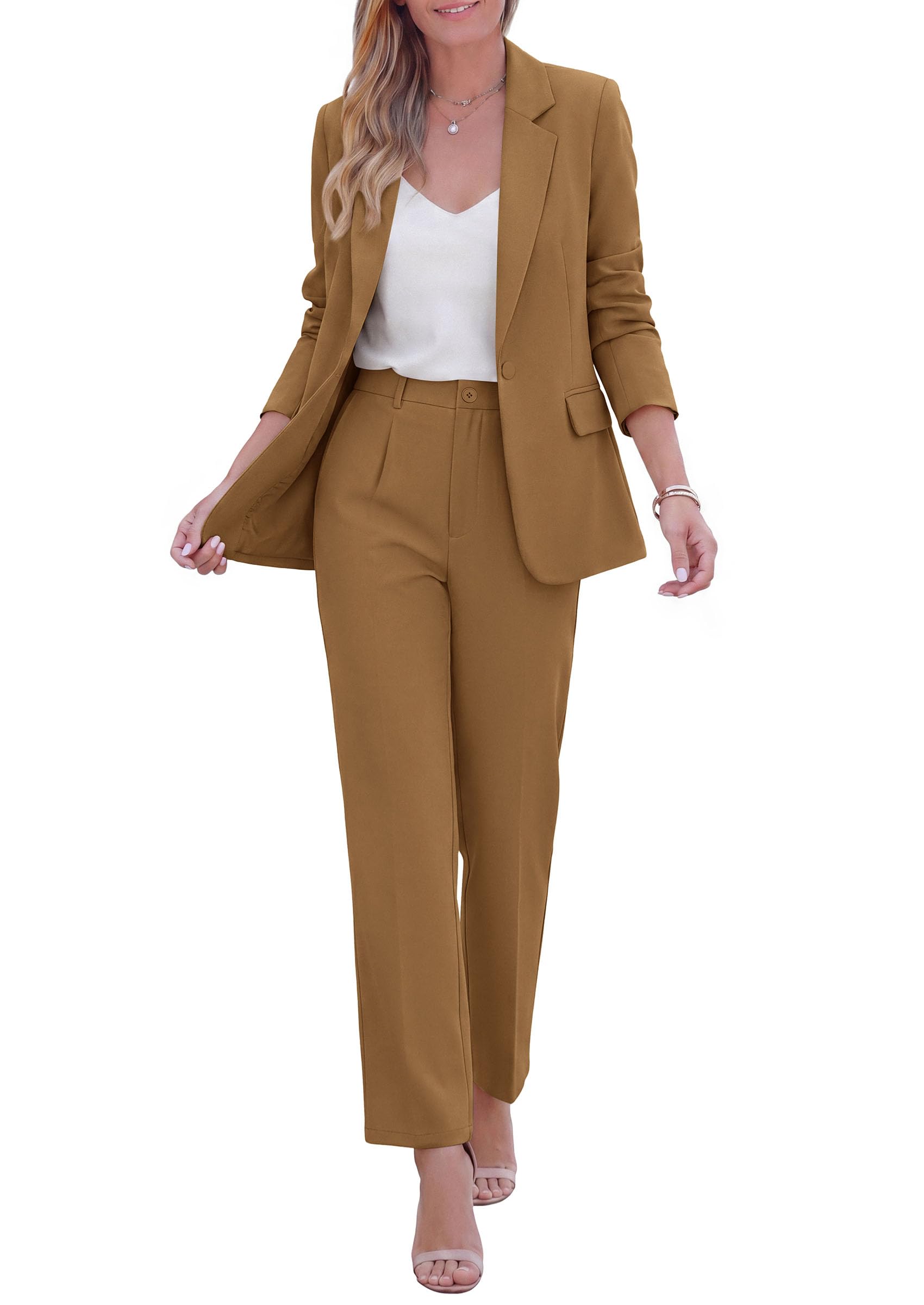 Two Piece Sets for Women Dressy Pant Suits,Light Brown,S