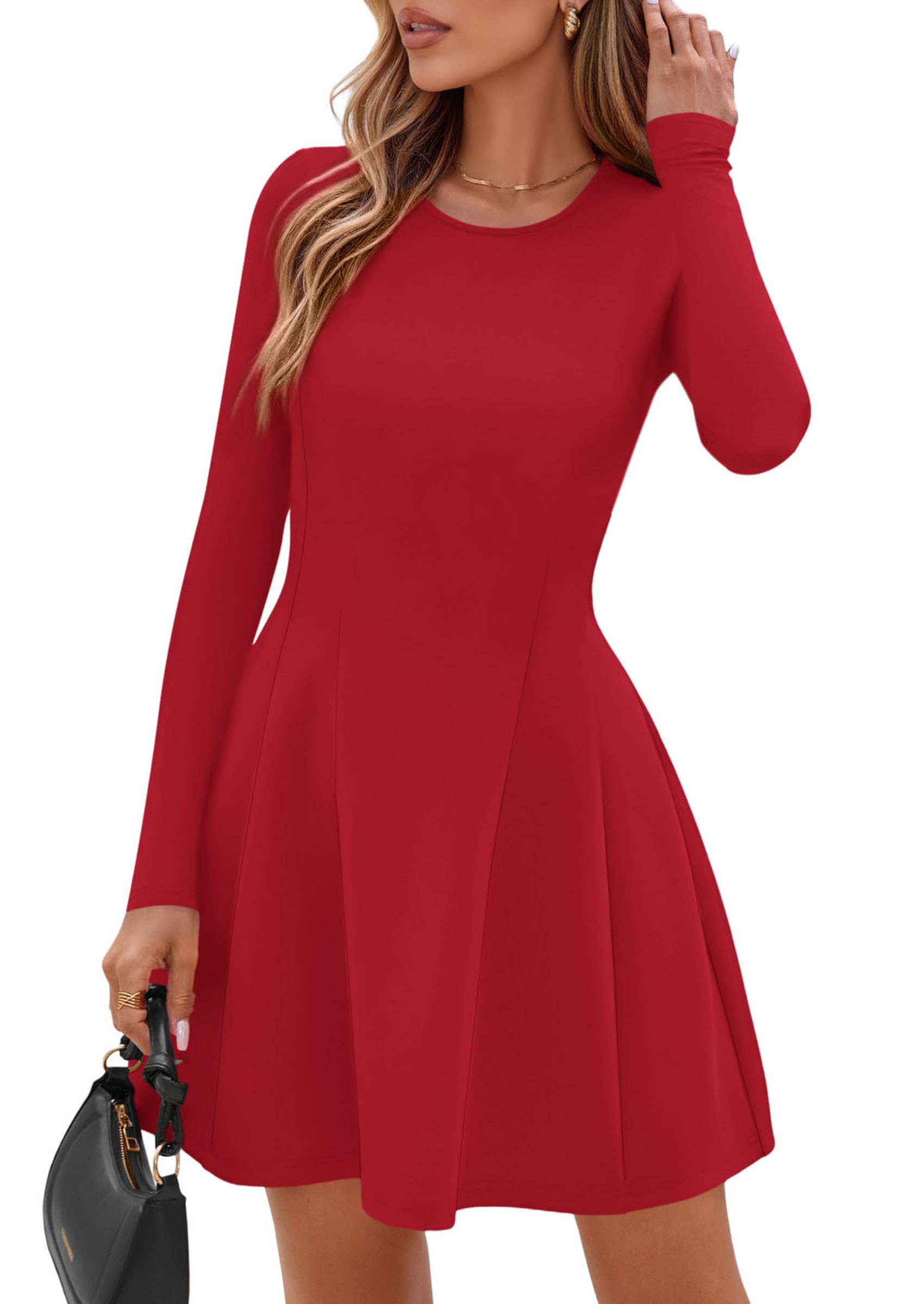 Womens Long Sleeve Pleated Mini Dress,Red,M