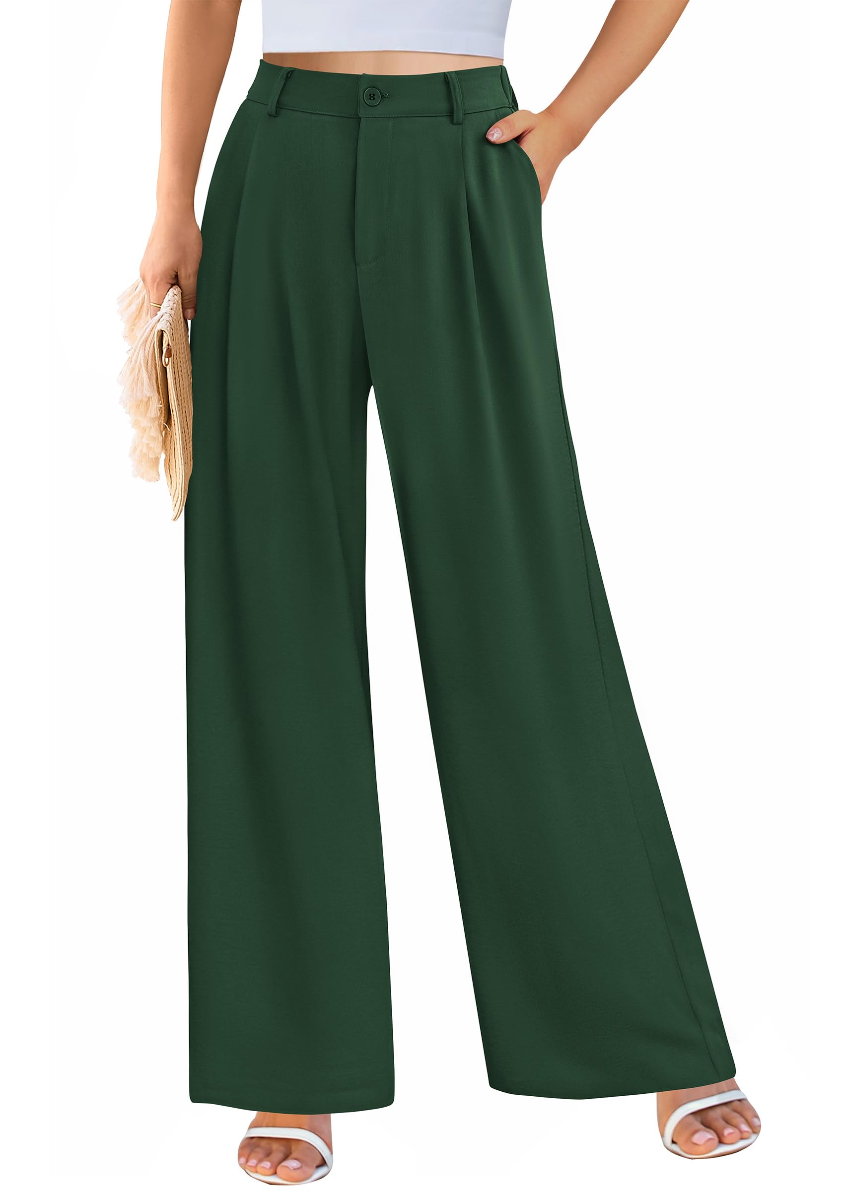 Women's Flowy Wide Leg Dress Pants,Dark Green,L