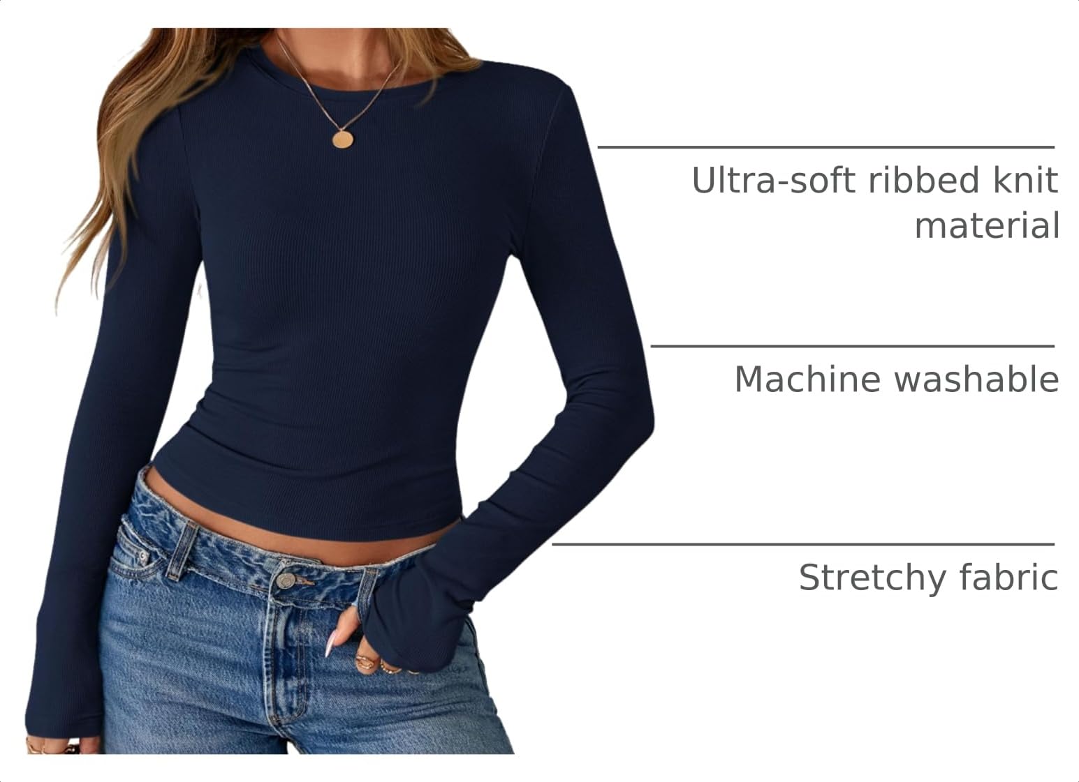 Women's Fall Long Sleeve Shirts Basic Tees (Navy Blue,XS)