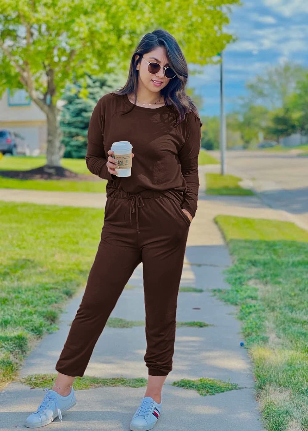 Travel Outfit Women 2 Piece Lounge Sets, Brown,S