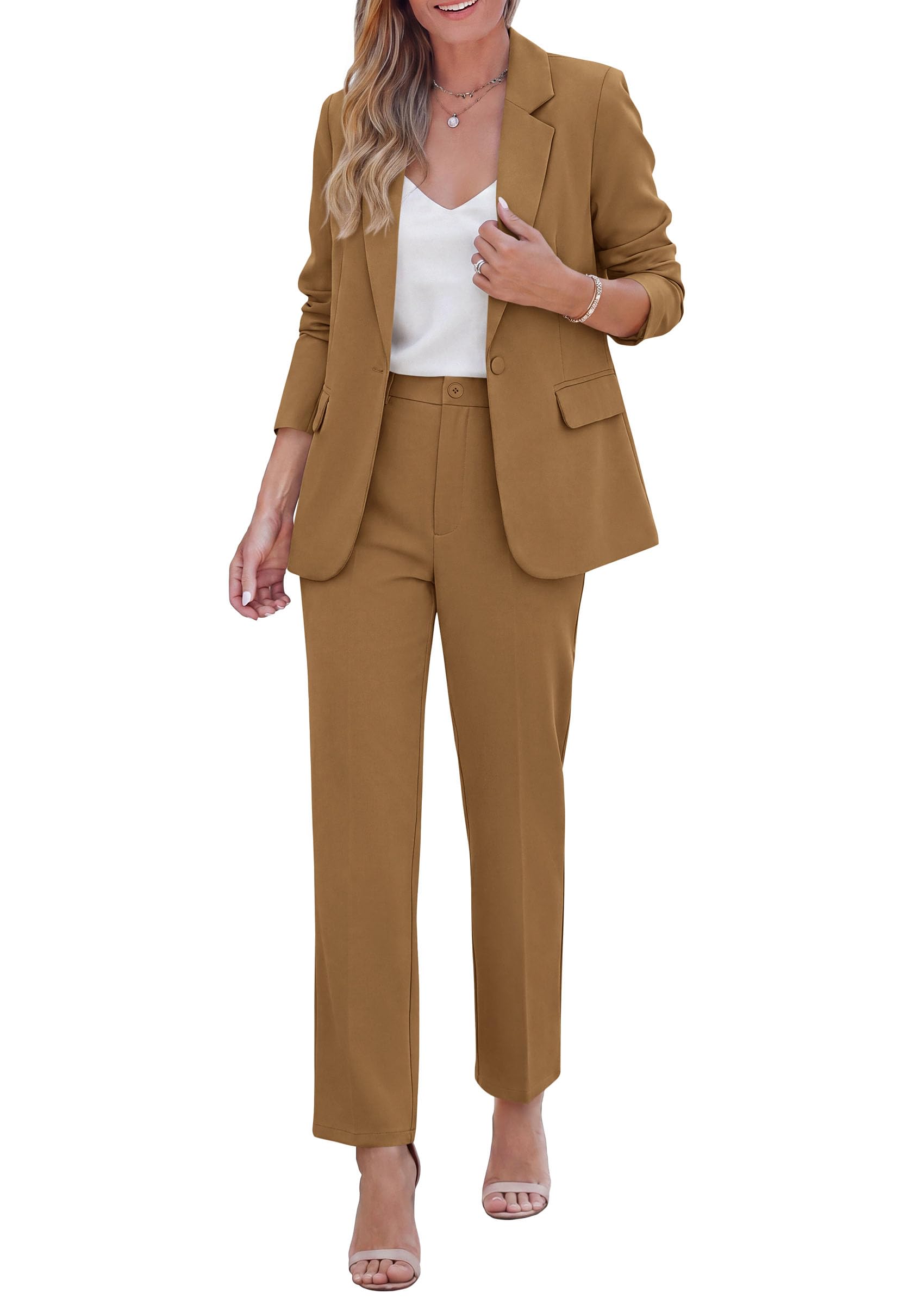 Two Piece Sets for Women Dressy Pant Suits,Light Brown,S