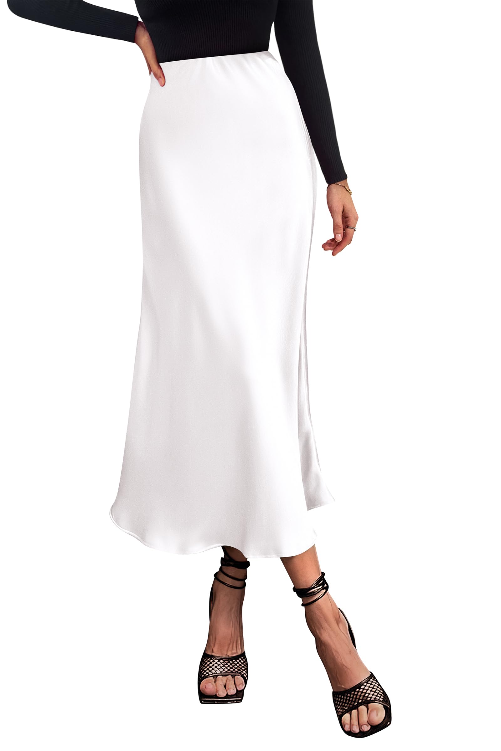 Women's Satin Midi Skirts Dressy Casual,White,S